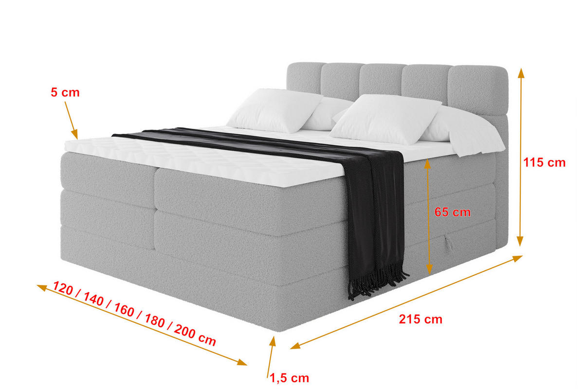 BOXBETT mit Matratze H3/H4 - FAMA KING - 160x200 cm Hellgrau Quelle - Hellgrau, Holzwerkstoff (160/200cm) - ALTDECOR