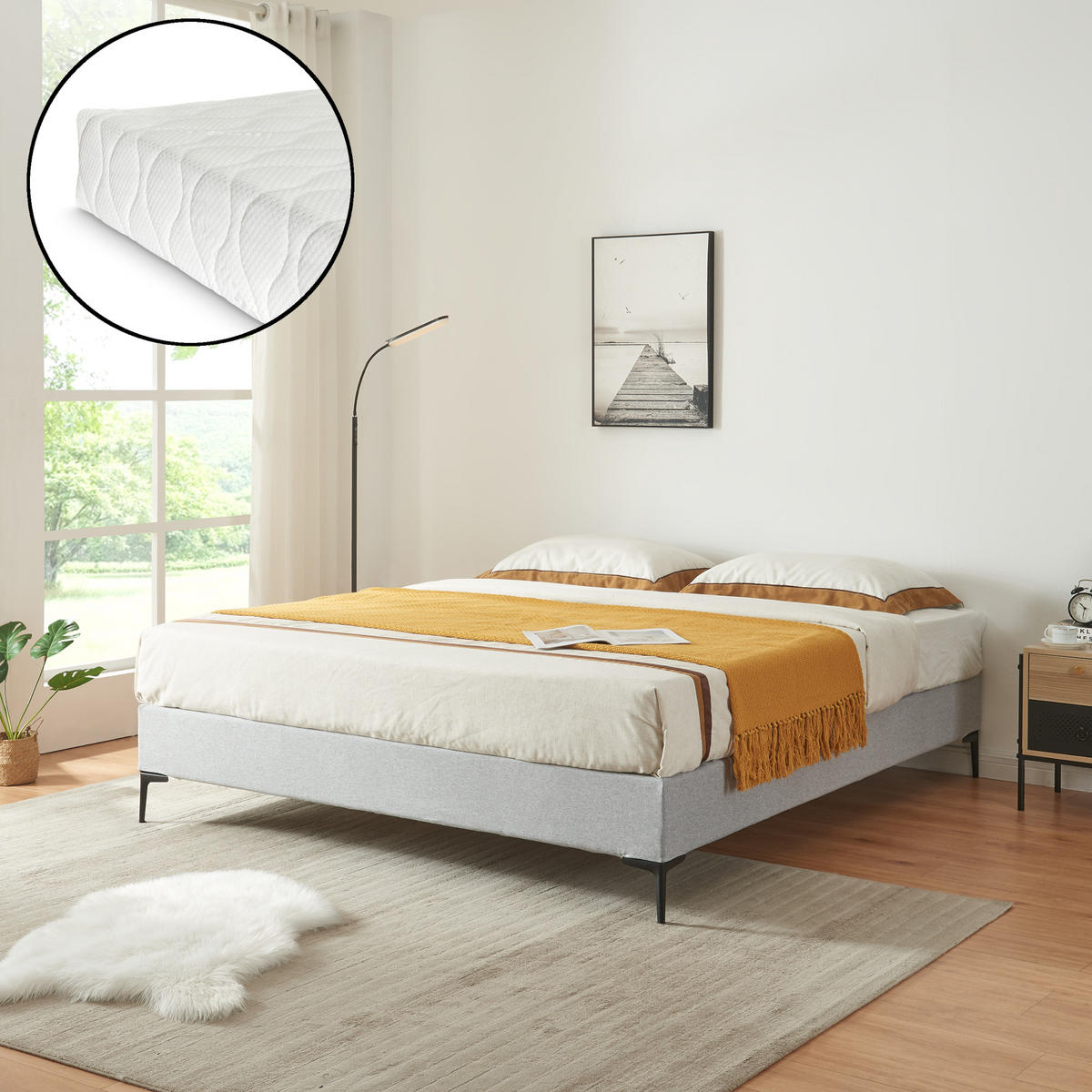 POLSTERBETT Lilla mit Matratze - Hellgrau, Holzwerkstoff/Textil (140/200cm) - [en.casa]