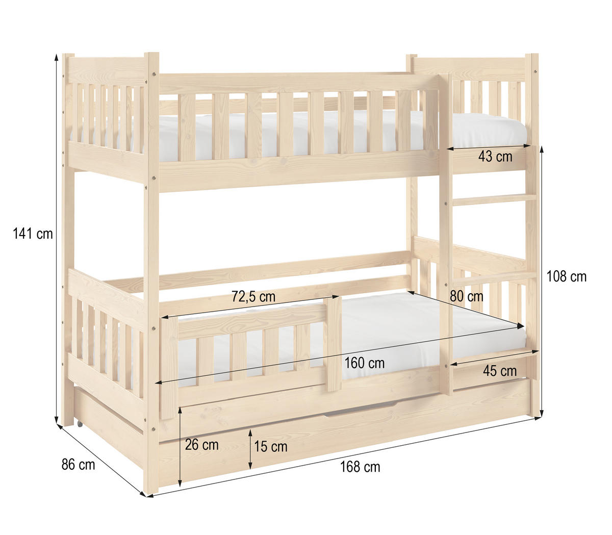 ETAGENBETT LUCIA mit Bettkasten 80x160 cm Hellgrau - Hellgrau, Holz (80/160cm) - MASSENO