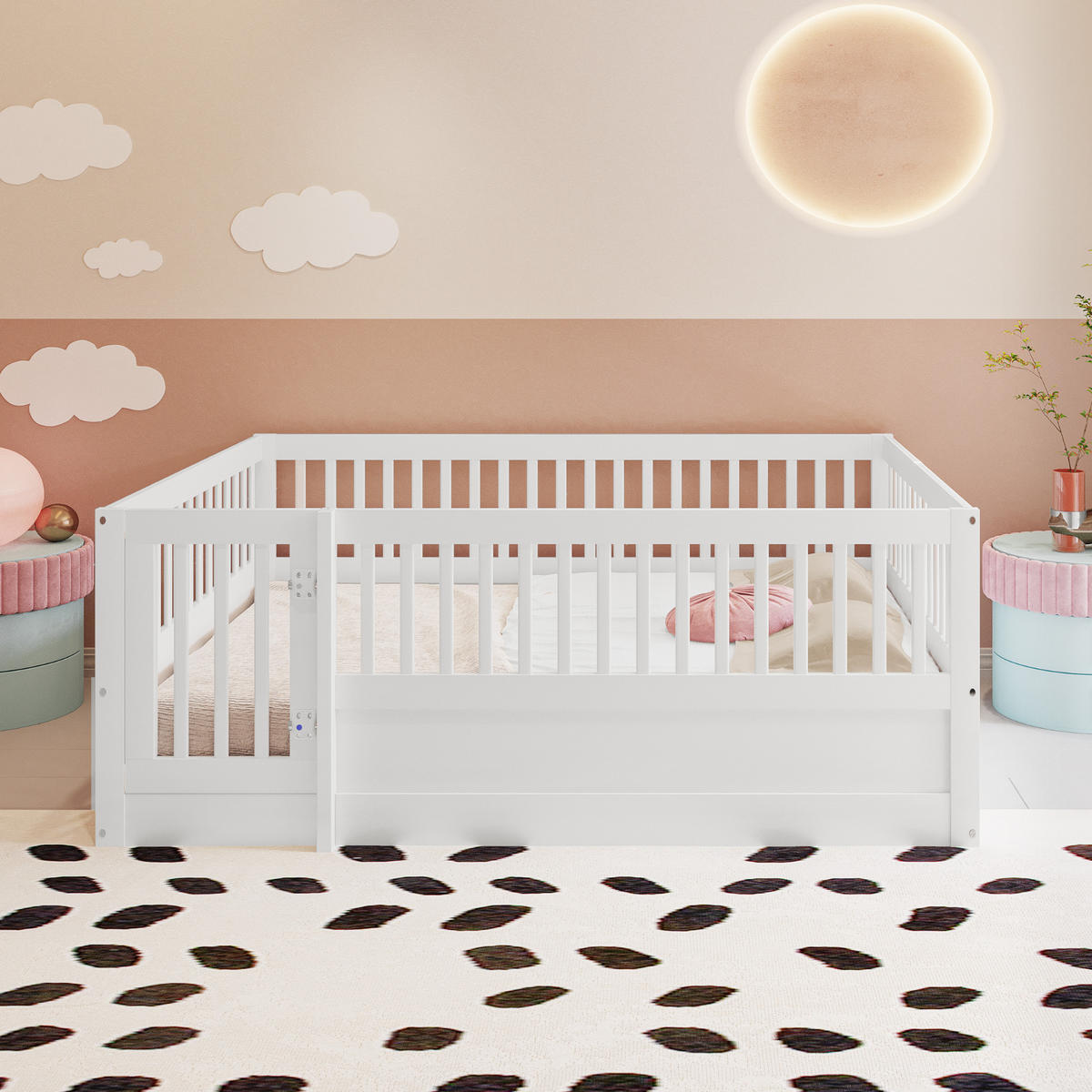 KINDERBETT 140/200 cm weiß aus Massivholz mit Zaun und Tür - Weiß, Holz (140/200cm) - OKWISH