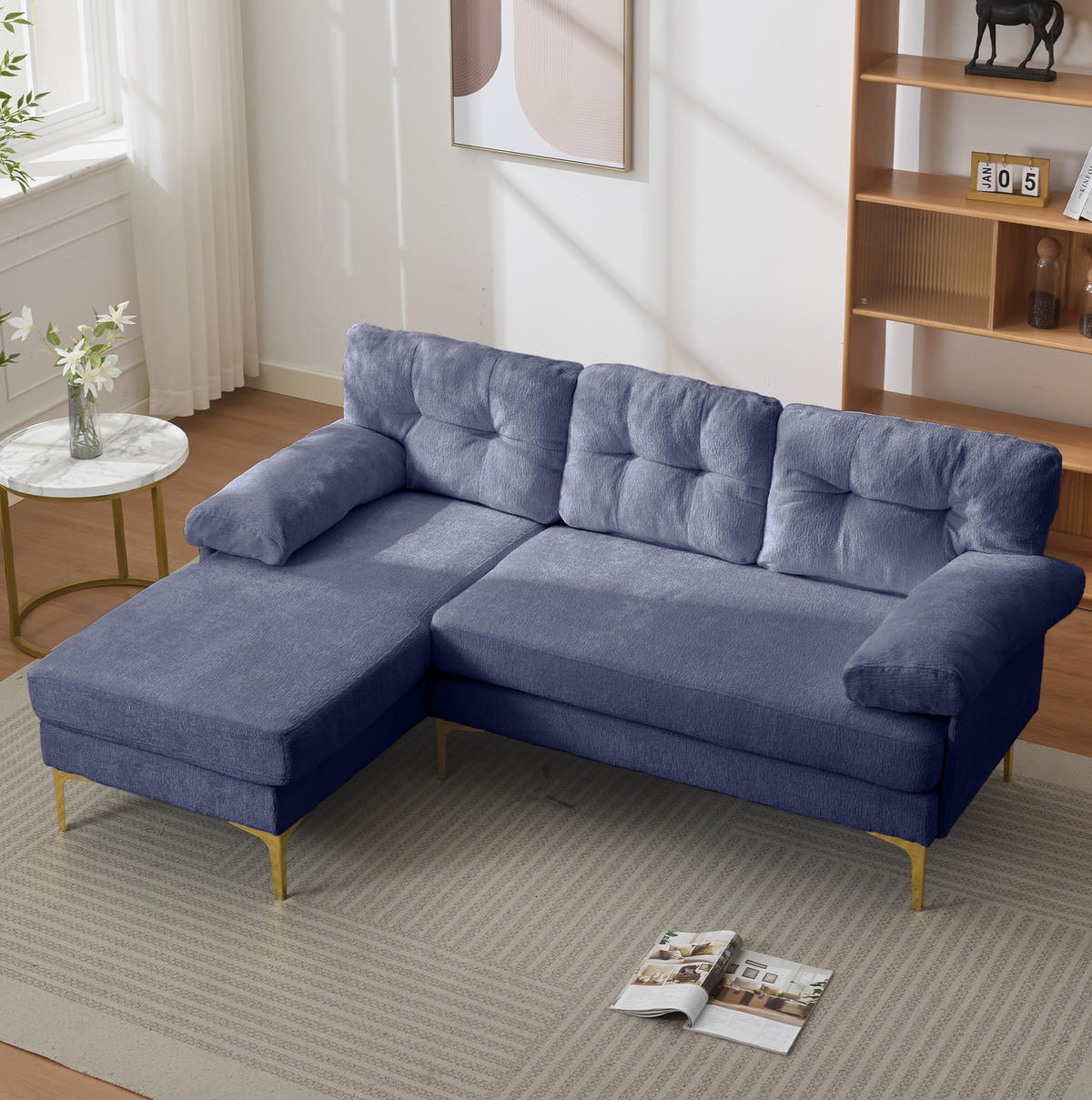 ECKSOFA 187,5/130/79 cm blau aus Holz mit Chenille - Blau, Holz (130/187.5cm) - OKWISH