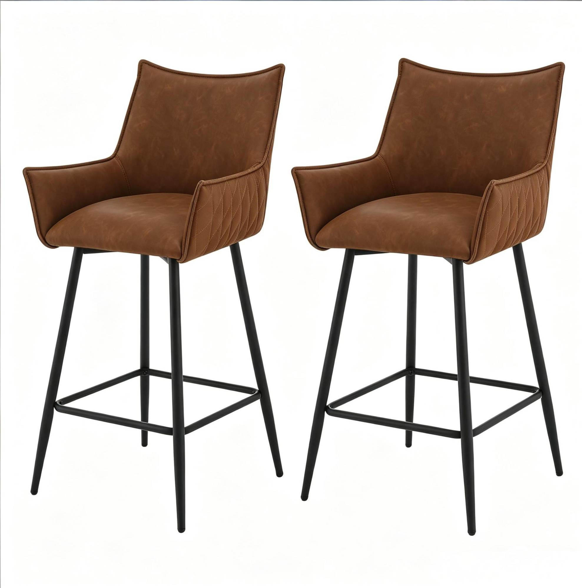 BARHOCKER 2er-Set mit Rückenlehne und Armlehnen, 62 cm Sitzhöhe, PU, Braun - Braun, Metall (49/90/51cm) - MIVRAY