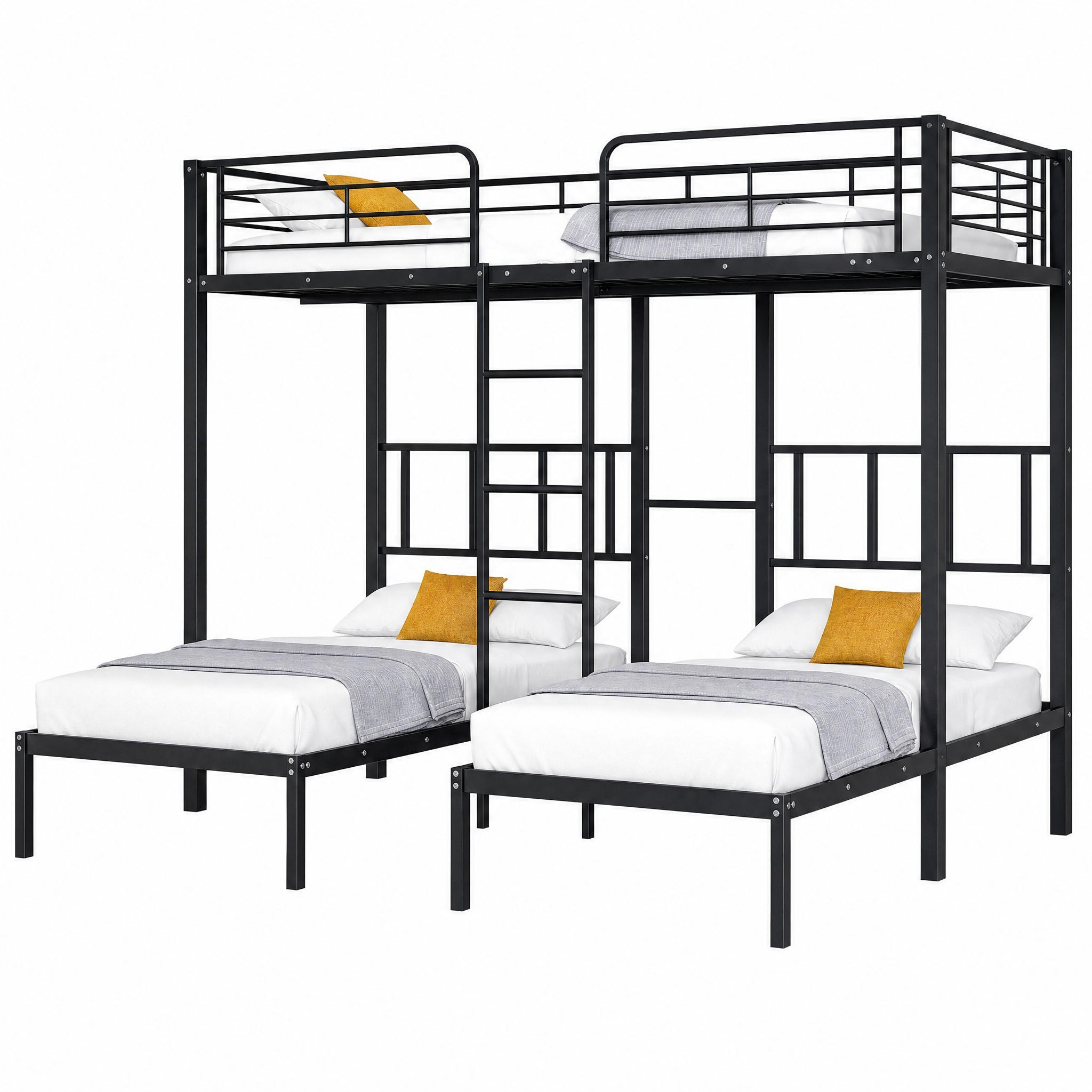 ETAGENBETT Dreifach 90x200 cm Metall Schwarz mit Leiter und Tisch - Schwarz, Metall (90/200cm) - Meubliv