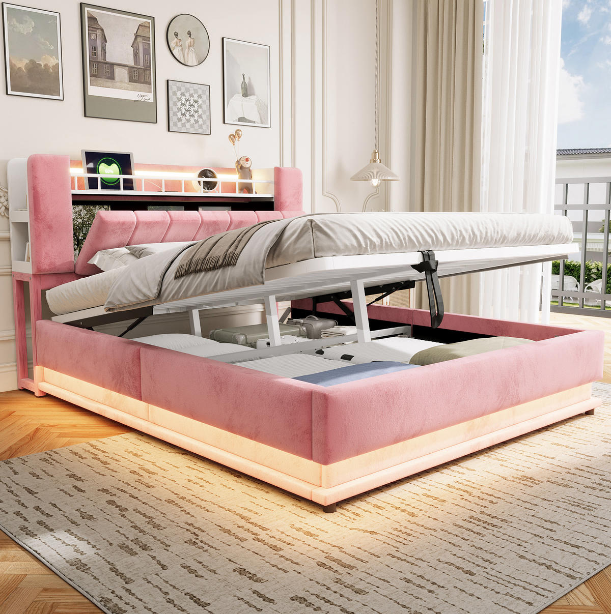 POLSTERBETT 160/200 cm in Rosa mit LED und hydraulischem Stauraum - Pink, Textil (160/200cm) - Flora Grace