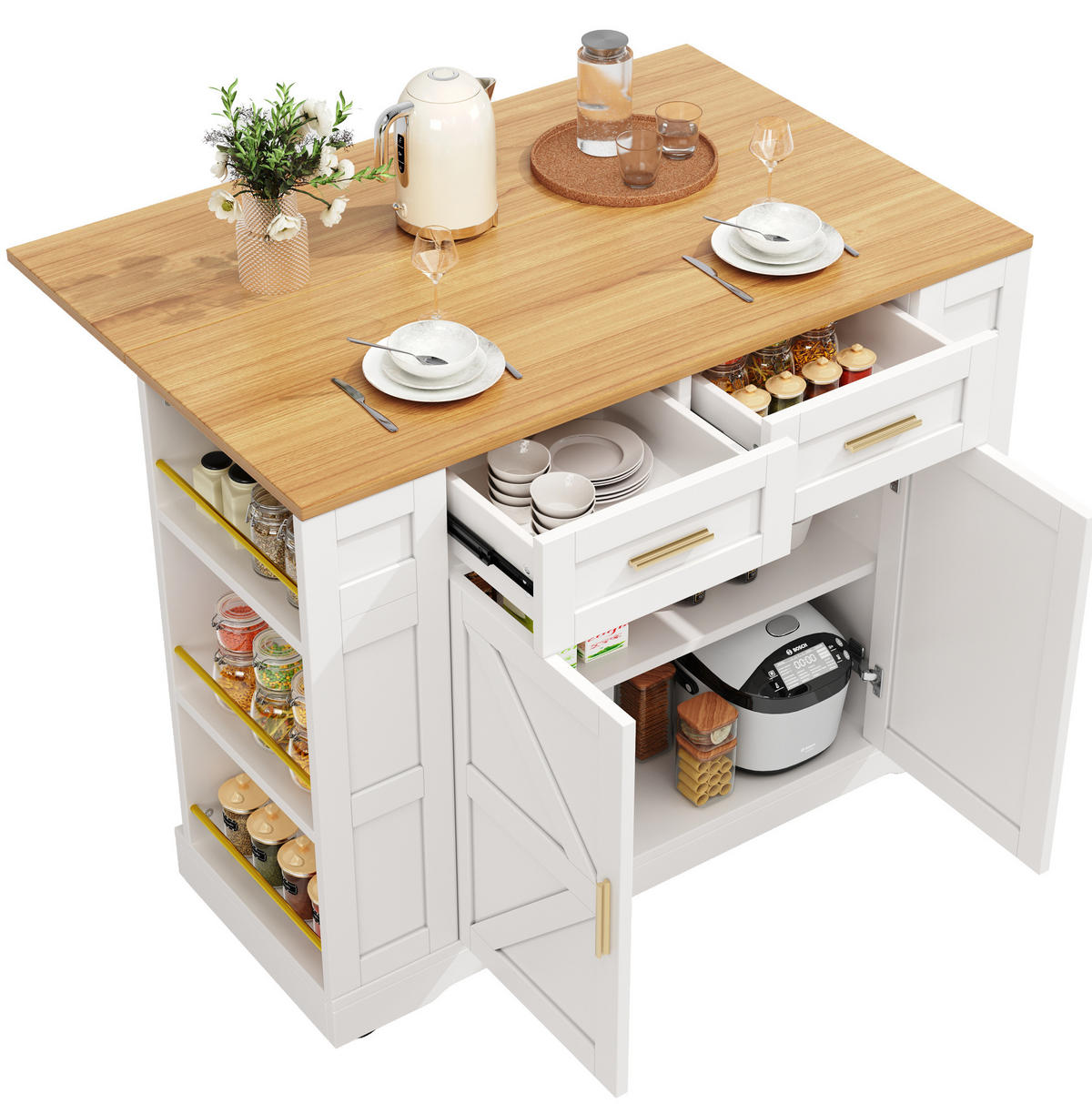 KUHINJSKI otok 120/65/90 cm bijeli MDF, raztegljiv s prostorom za odlaganje - bijela, drvni materijal (120/90/65cm) - BEAOK