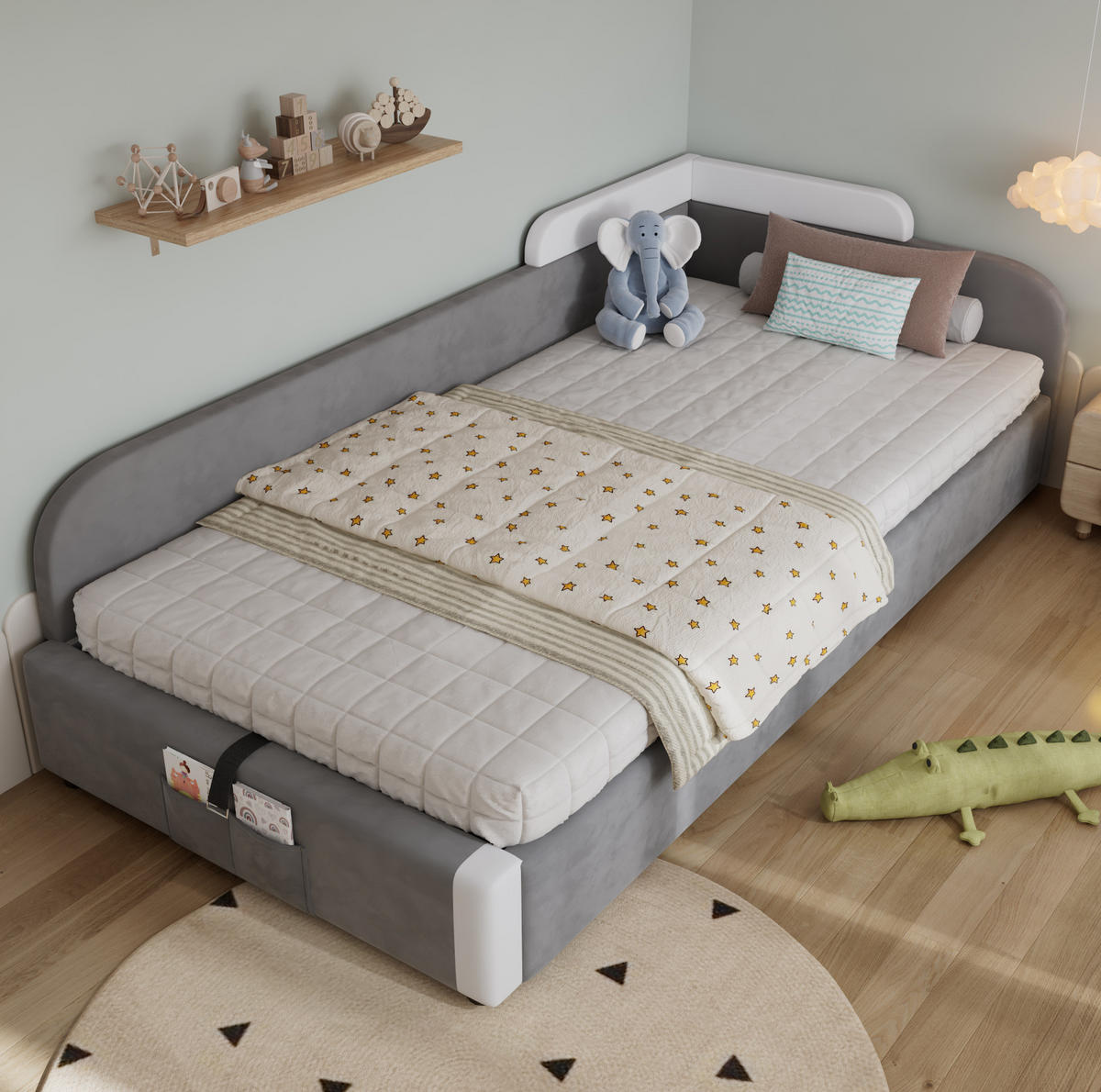 KINDEREINZELBETTEN aus Samt 90x200 cm in Grau mit Stauraum & weichem Zaun - Grau, Textil (90/200cm) - Modfu