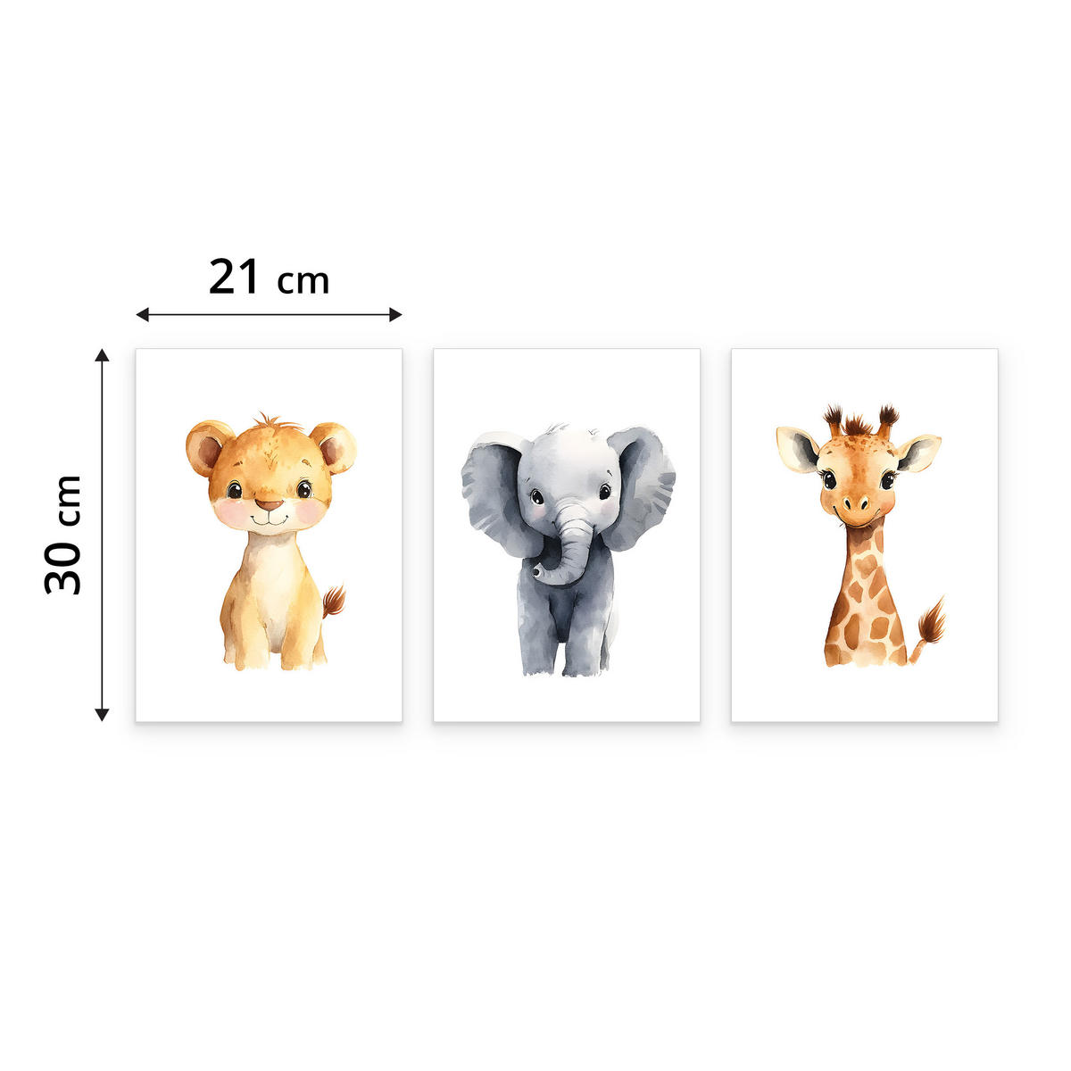 SADA PLAGÁTOV Do Detskej Izby DIVOKÉ ZVIERATÁ Lev Slon Žirafa 3x Plagát A4 21 x 30 cm - oranžová/žltá, papier (21/30/1cm) - Muralo