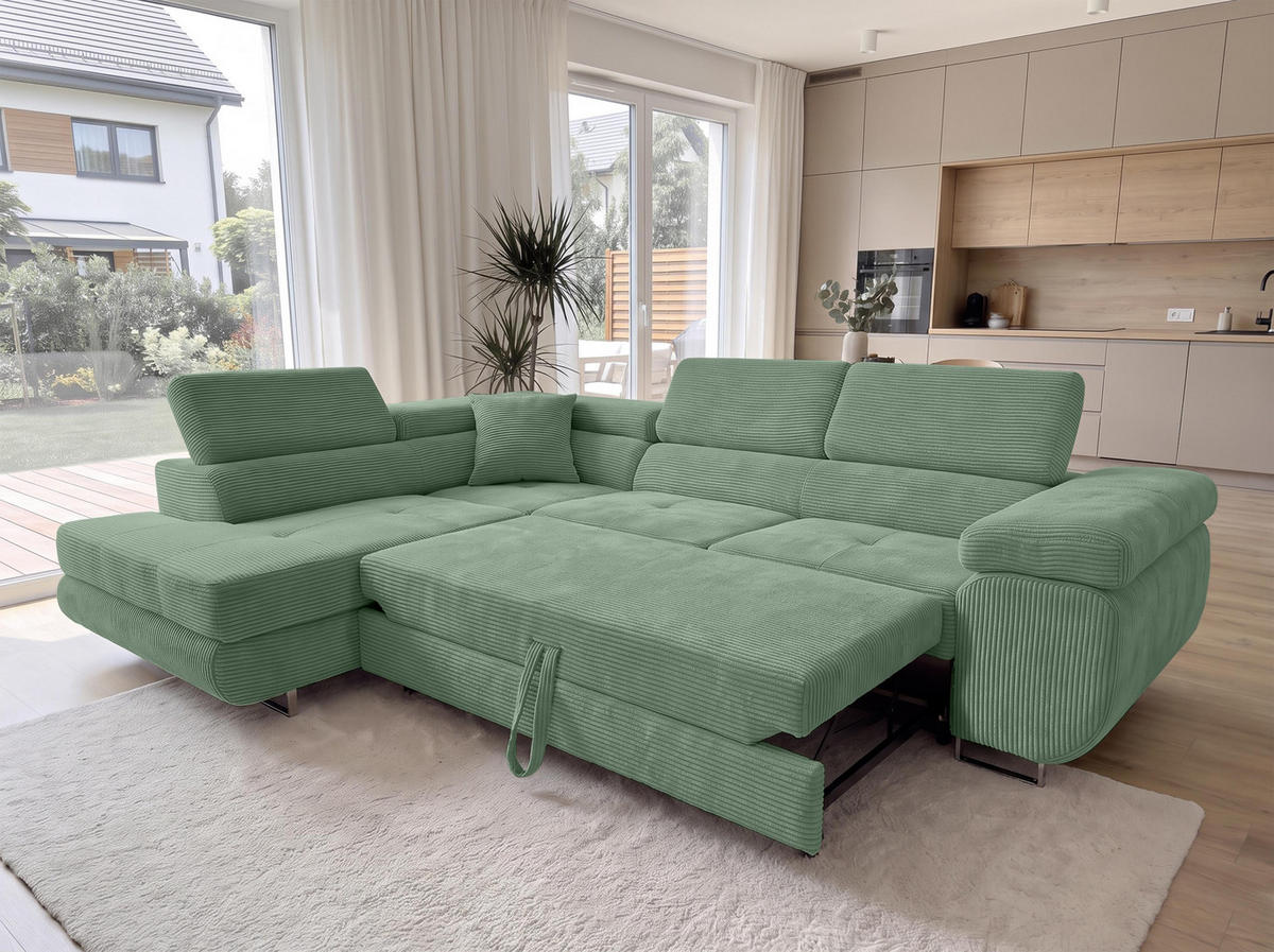 ECKSOFA L Form Konak Salbeigrün 276/201/90 cm Links mit Schlaffunktion - Salbeigrün/Silberfarben, Textil/Metall (203/276cm) - AX Living