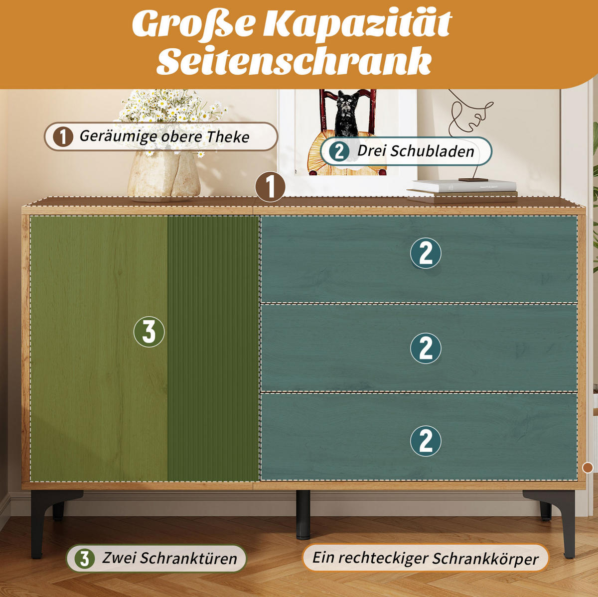 SIDEBOARD 120/35/76 cm aus Holzwerkstoff mit 1 Tür, 3 Schubladen und Metallfüßen Natur/Schwarz - Schwarz, Holzwerkstoff (120/76/35cm) - Modenvie