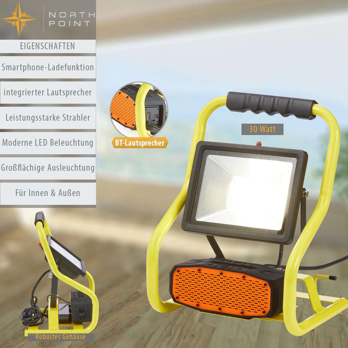 LED-BAUSTRAHLER - 30W mit Bluetooth Lautsprecher und IP44 für Innen- und Außenbereich, 2er-Set - Weiß, Metall (22.6/25.9/35cm) - Northpoint