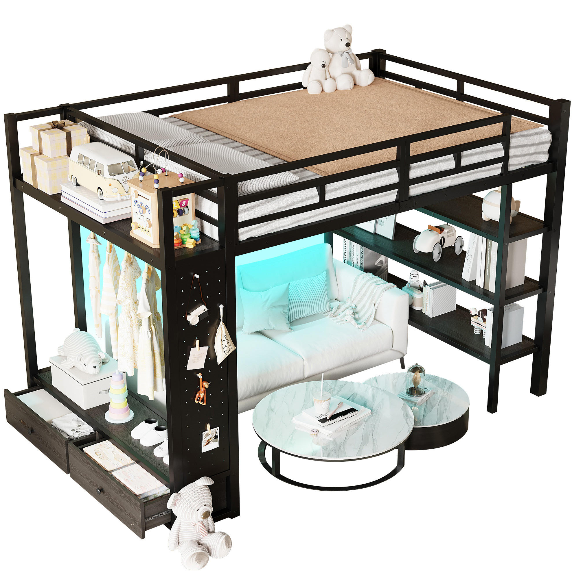 HOCHBETT 140/200 cm schwarz aus Metall/MDF mit Schrank und LED - Schwarz, Holzwerkstoff (140/200cm) - OKWISH
