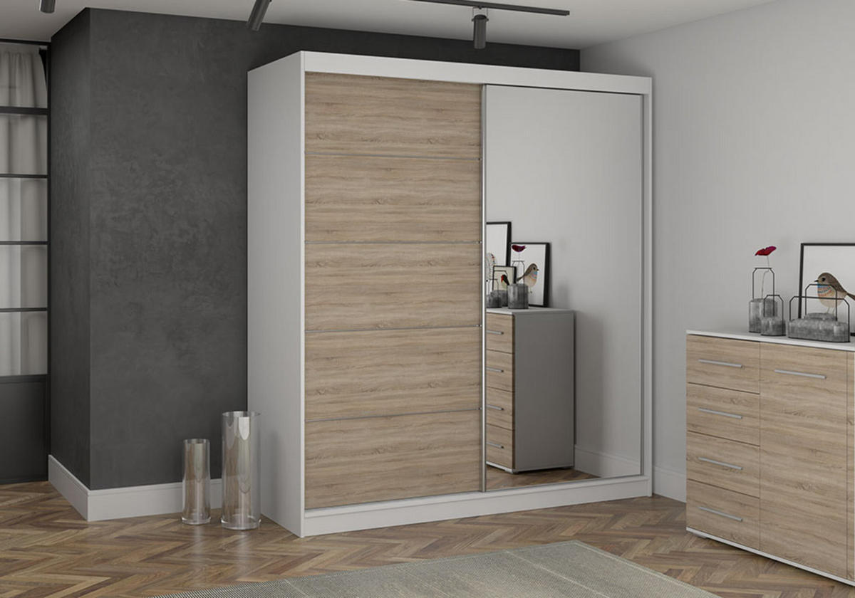 SCHIEBETÜRENSCHRANK - EVA BIS 05 Weiß + Sonoma - Weiß/Sonoma Eiche, Holzwerkstoff (160/195/61cm) - Möblo