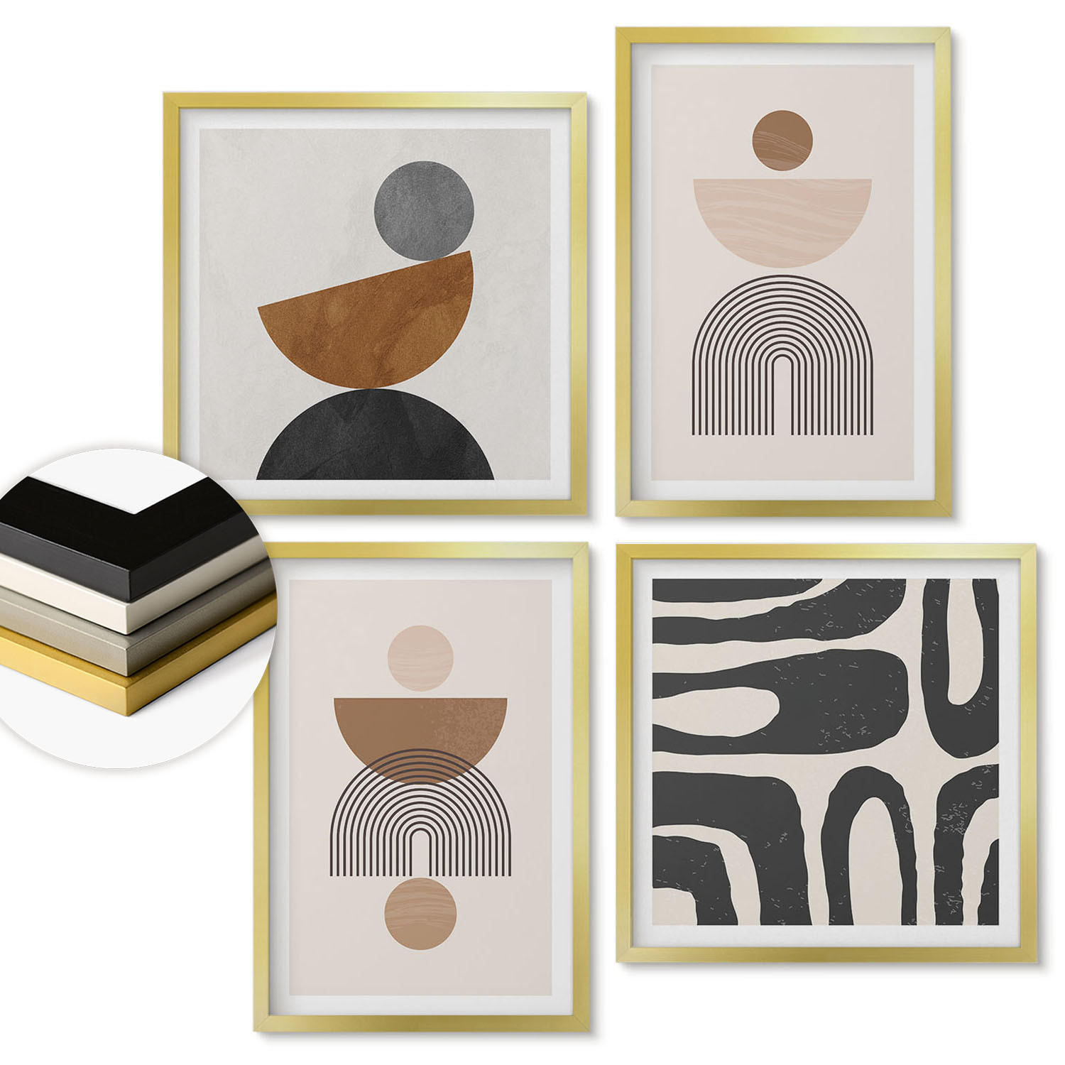 WANDBILDER 4er Set - 50x50 cm & 40x60 cm Goldrahmen - Abstraktes Boho-Design - Goldfarben, Kunststoff (50/50cm) - ArtPrintCave