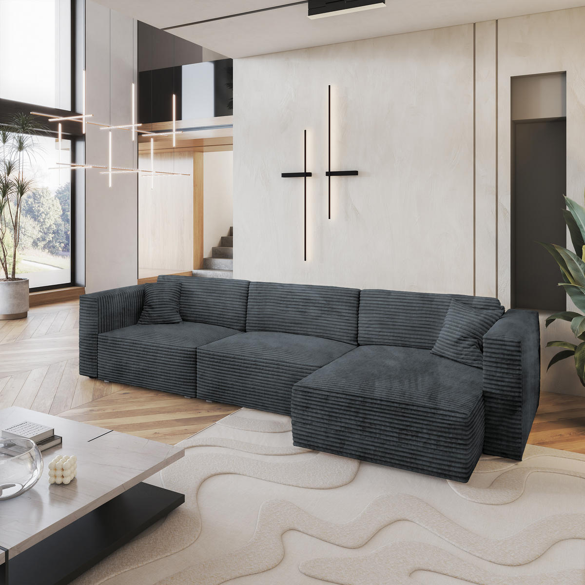 ECKSOFA TOLMO Grau Kordstoff mit Schlaffunktion - Grau, Holz (347/148cm) - MASSENO