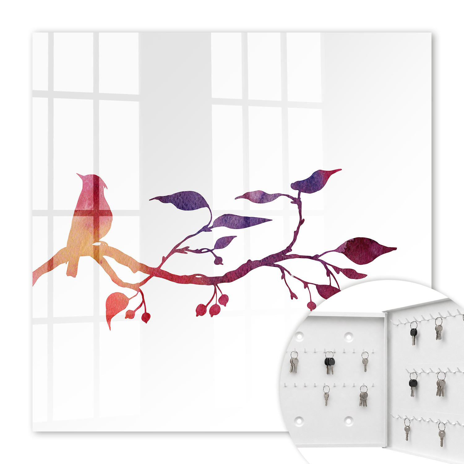 SCHLÜSSELBOX Weiß 30x30 cm – Türöffnung nach rechts - Ein Ast mit einem Vogel - Rot, Metall (30/30/5cm) - TULUP