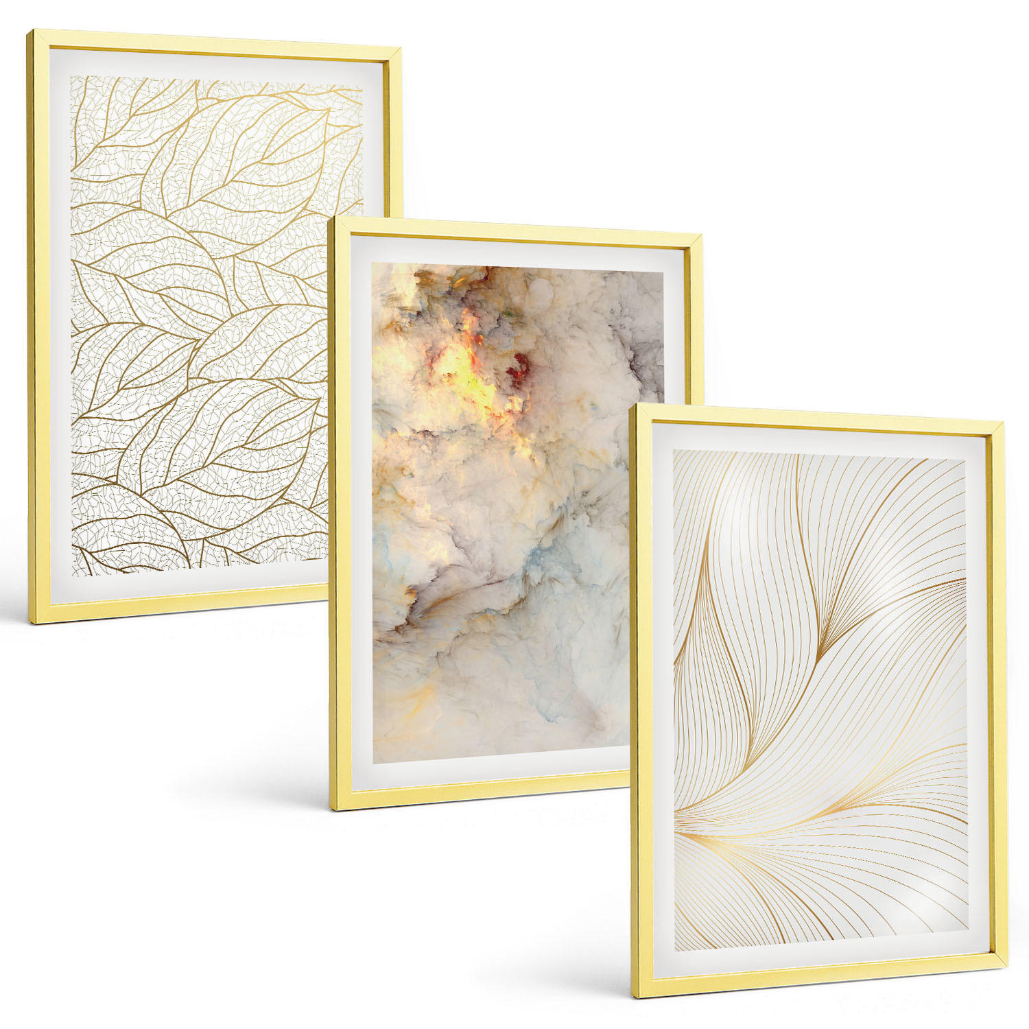 BILDER SET 3er Set - 40x60 cm Goldrahmen - Blättermuster Marmor abstrakt - Goldfarben, Kunststoff (40/60cm) - TULUP
