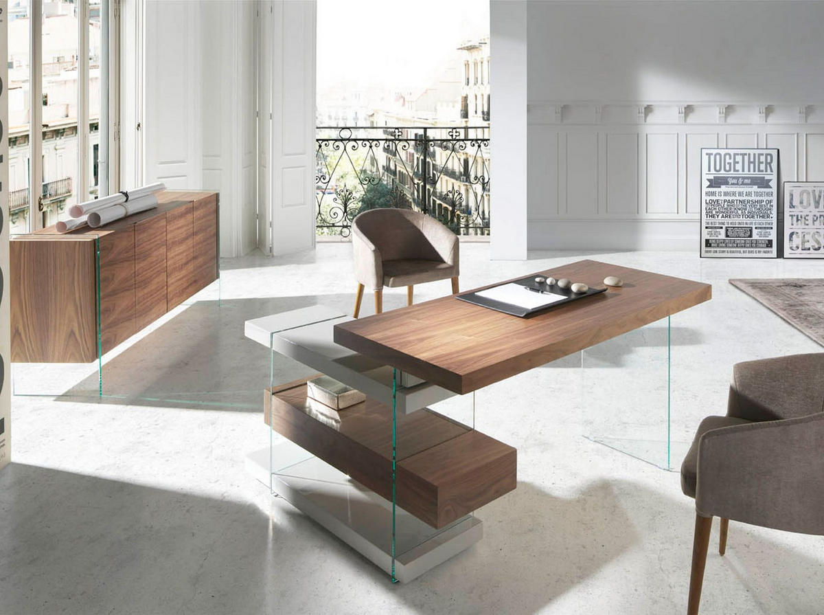 SCHREIBTISCH Schreibtisch aus grauem Holz und gehärtetem Glas mit Platte aus Walnussholz 140/127/75 cm - Klar/Transparent, Glas/Naturmaterialien (127/140/75cm) - ANGEL CERDA