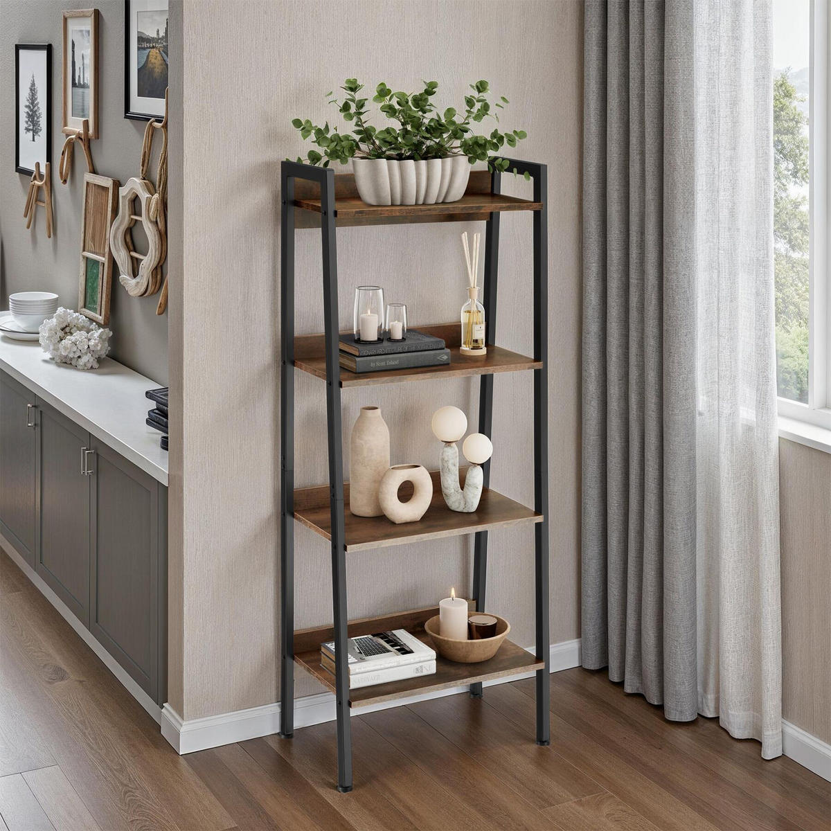 LEITERREGAL Chatham,inklusive Kippschutz, 57,5 x 34 x 138 cm,Industrial Holz dunkel, rustikal - Rostfarben, Holzwerkstoff (34/138/57.5cm) - tectake