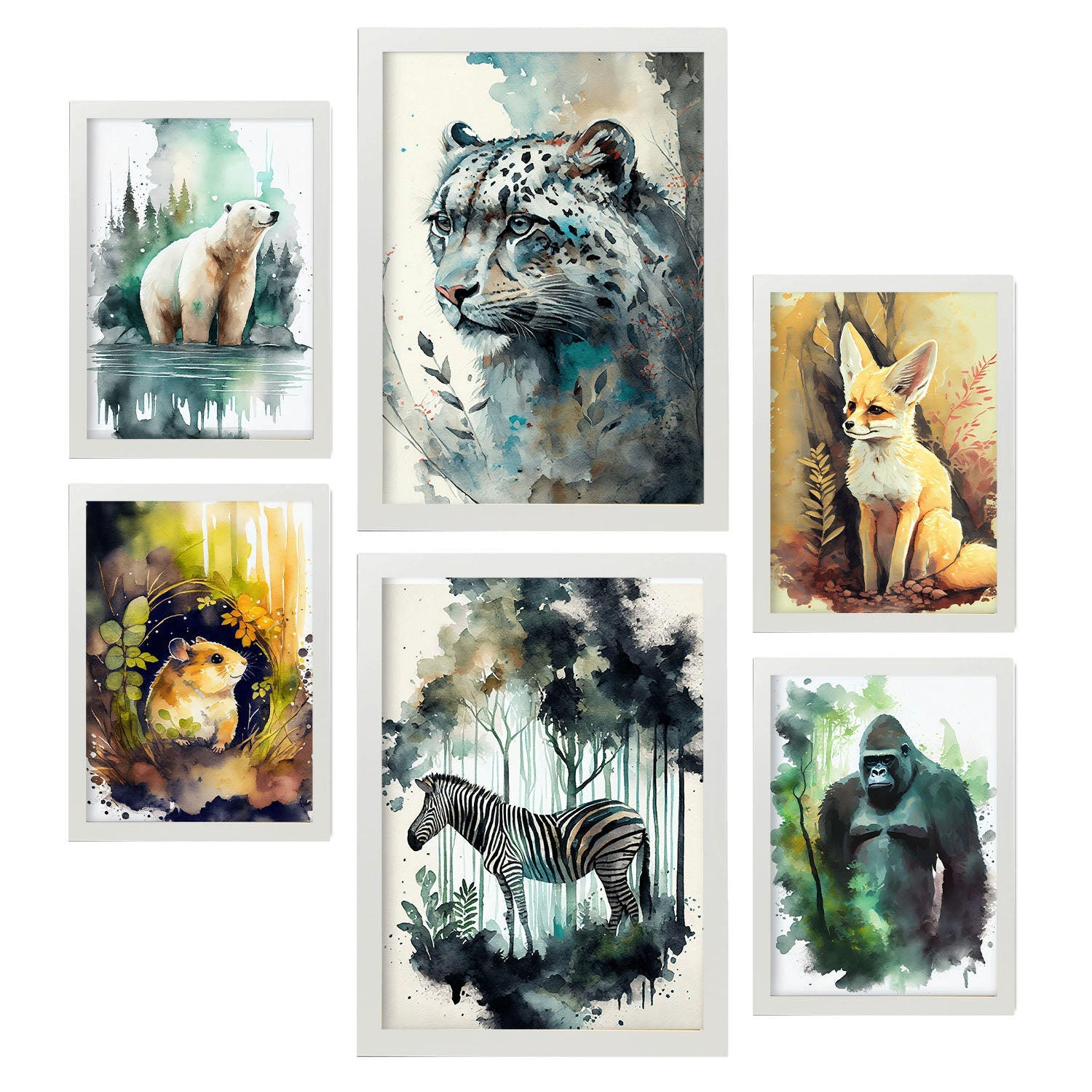 POSTER Set Mit 6 Norden Und Süden Illustrationen Von Tieren In Naturlandschaften, Realistischer Aquarellstil Innenarchitektur A3 & A4 Weißer Rahmen - Weiß, Papier (29/3cm) - Nacnic