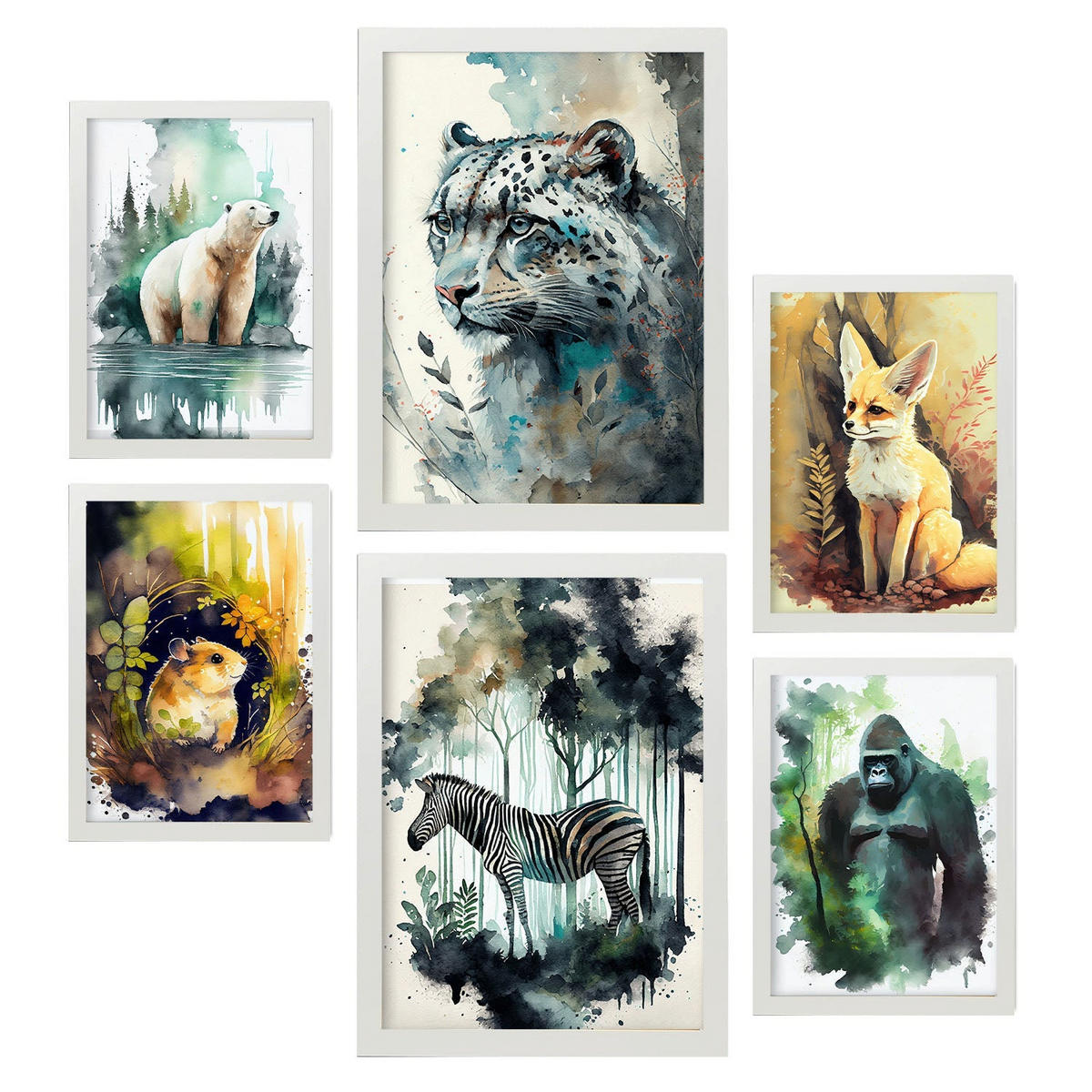 POSTER Set Mit 6 Norden Und Süden Illustrationen Von Tieren In Naturlandschaften, Realistischer Aquarellstil Innenarchitektur A3 & A4 Weißer Rahmen - Weiß, Papier (29/3cm) - Nacnic