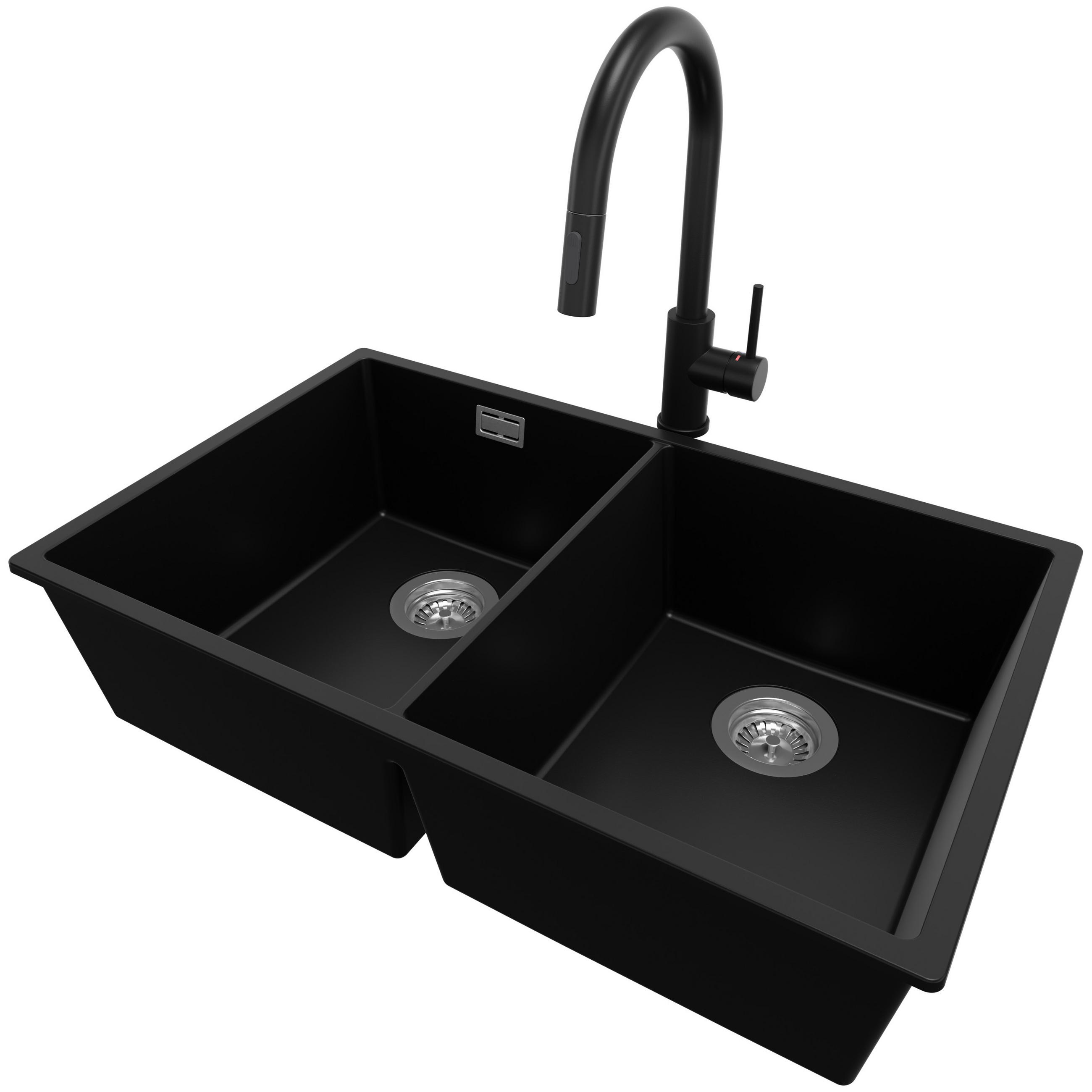 UNTERBAUSPÜLE GRANIT London Twin, 2-er set Schwarz 76/47 cm 2 Becken + Küchenarmatur 40/20 cm + Ablauf-Set ab 80er Unterschrank - Chromfarben/Schwarz, Kunststoff (76/20/47cm) - Primagran