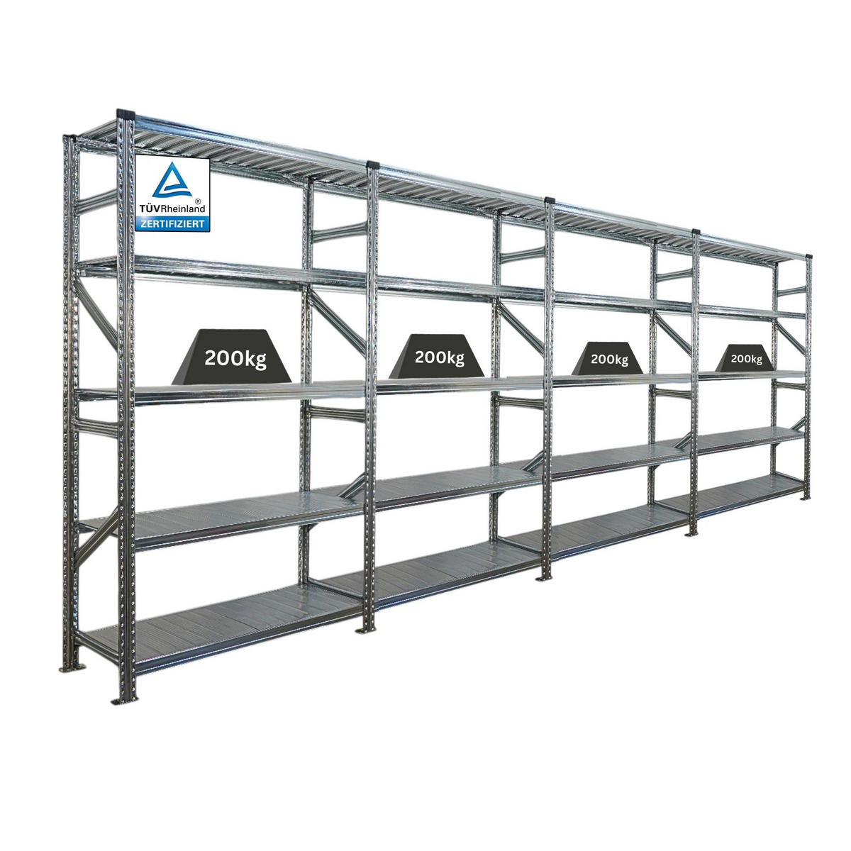 FACHBODENREGAL Proximo Stecksystem 200x480x40cm 5 Ebenen Fachlast 200 kg Beidseitig nutzbar Verzinkt - Silberfarben, Metall (480/200/40cm) - PROREGAL