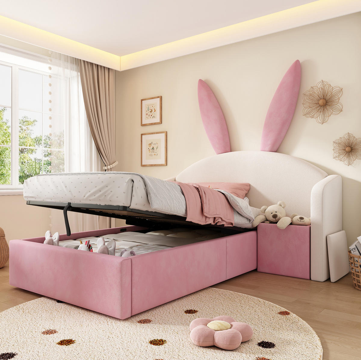 JUGENDBETT 90/200 cm aus Samt mit Stauraum, Nachttisch und Hasenohren-Design Beige/Rosa - Beige, Textil (90/200cm) - Modenvie