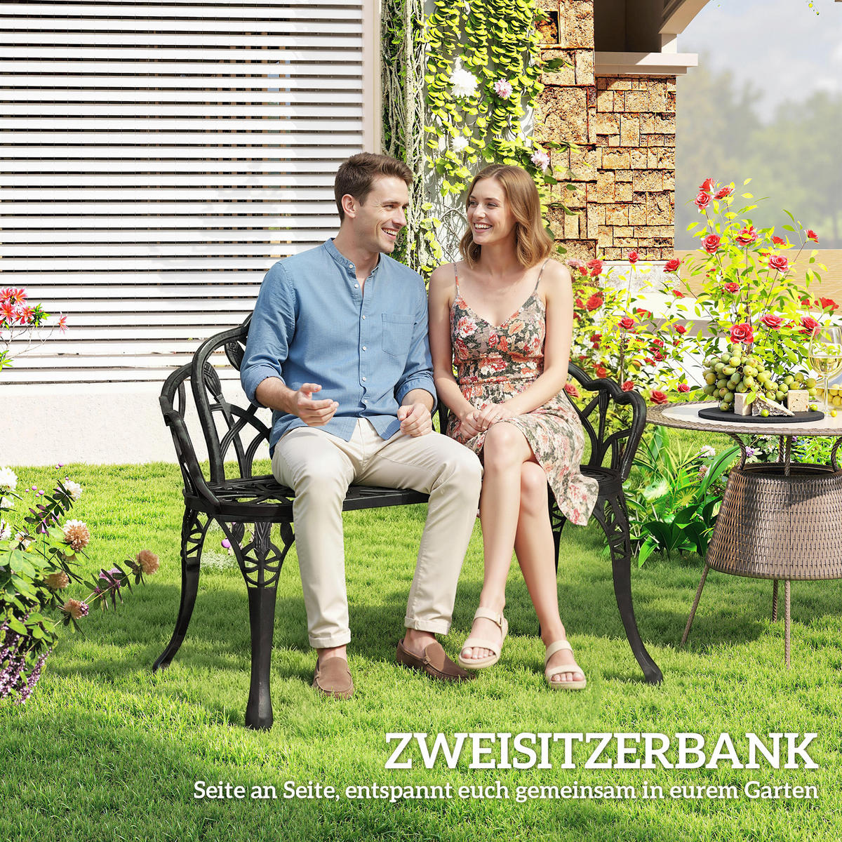 GARTENBANK 2-Sitzer DE-08350 Tulpen-Rückenlehne, Gussaluminium Grün - Schwarz, Metall (99/78/57cm) - ComfortXL