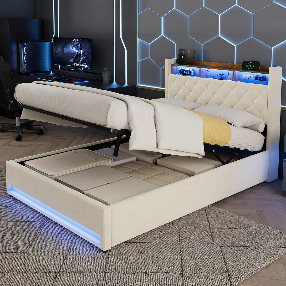POLSTERBETT 140/200 cm in Beige Samt mit Bettkasten, LED-Beleuchtung und USB-Anschluss - Beige, Holzwerkstoff/Textil (140/200cm) - CHICFURN