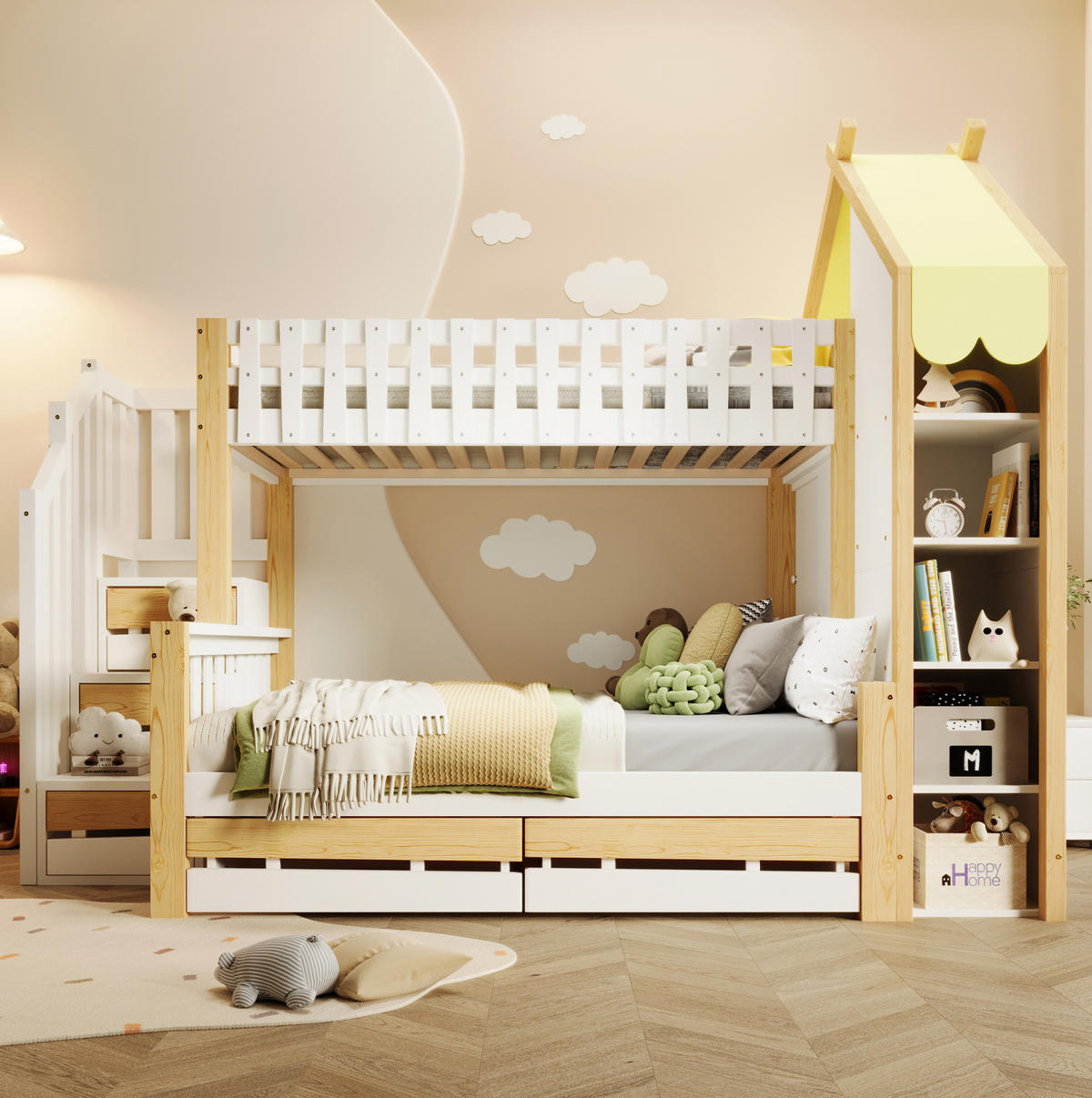 ETAGENBETT 90/200 cm mit Stauraumleiter und Bettgitter in Weiß und Natur - Weiß, Holz (90/200cm) - OKWISH
