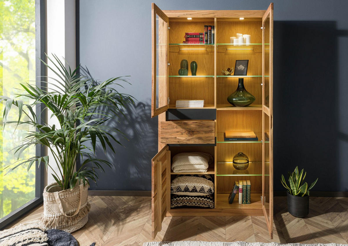 VITRINE Wild-/ Zerreiche 110x42x200 Eiche natur geölt MONTREUX #118 - Braun, Holz (110/200/42cm) - Massivmoebel24