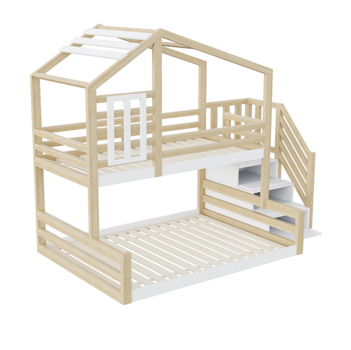 POSCHODOVÁ posteľ 90/200 a 140/200 cm prírodná z borovicového dreva a MDF s úložnými schodmi a oknom - prírodná farba, drevo (90/200cm) - OKWISH