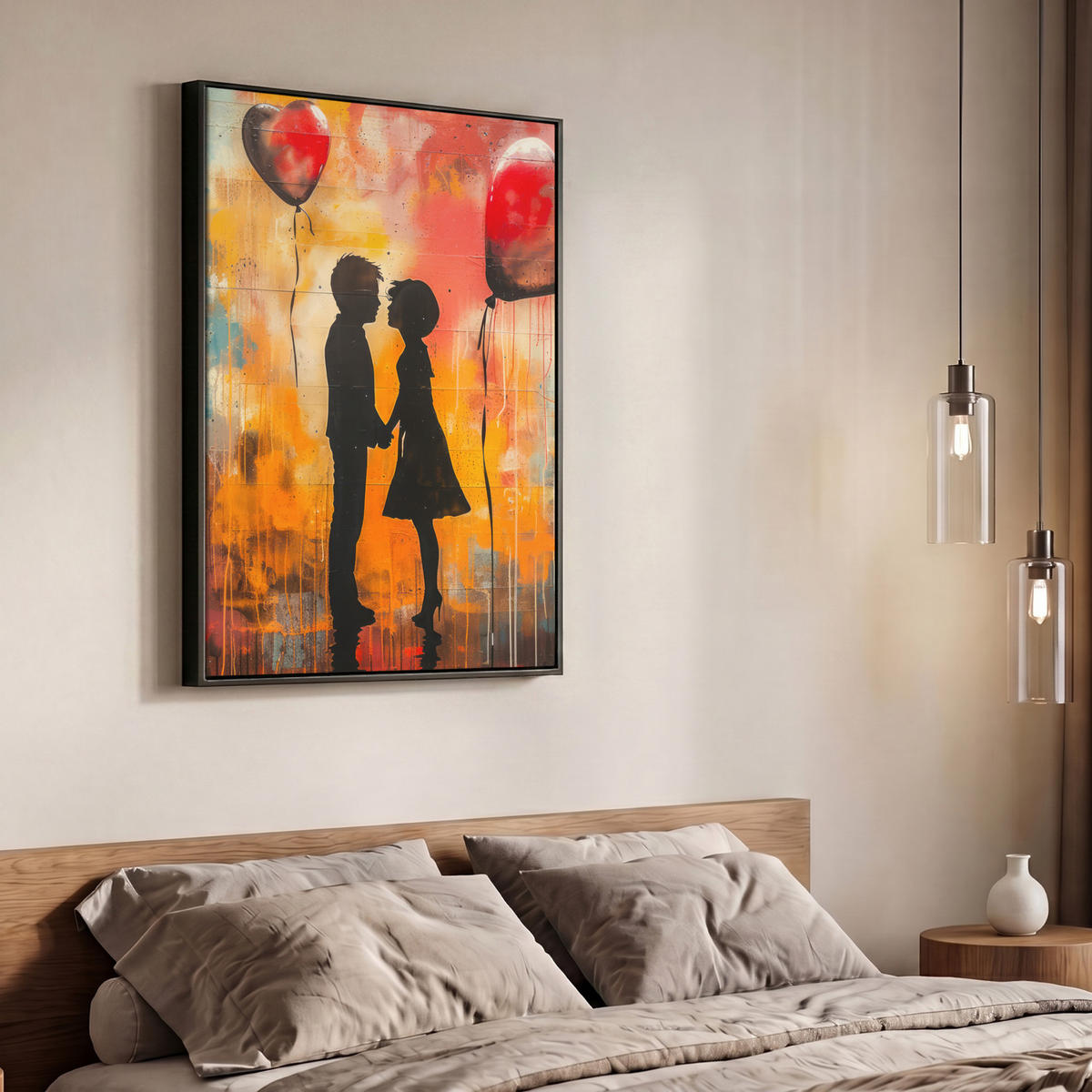 LEINWAND Bilder mit Rahmen - Straßenkunst - Liebe - Graffiti - Kunst - Banksy - 70x100 - Orange, Textil (70/100cm) - MuchoWow