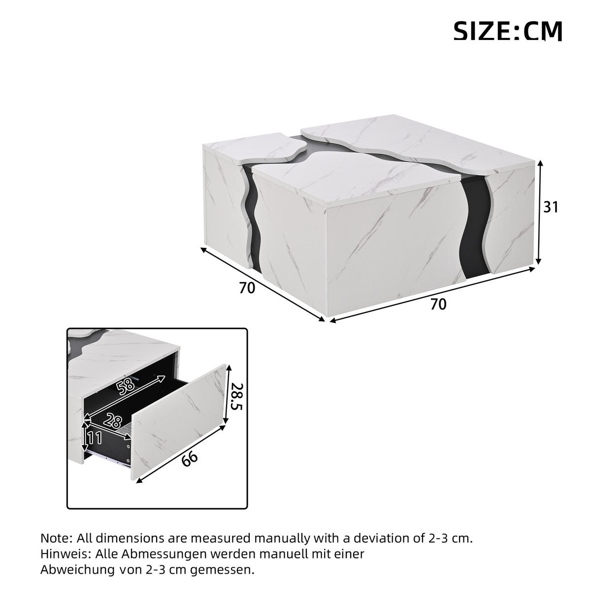 COUCHTISCH mit Schublade 70 x 70 x 31 cm Marmoroptik Weiß - Weiß, Holzwerkstoff (70/70/31cm) - Meubliv