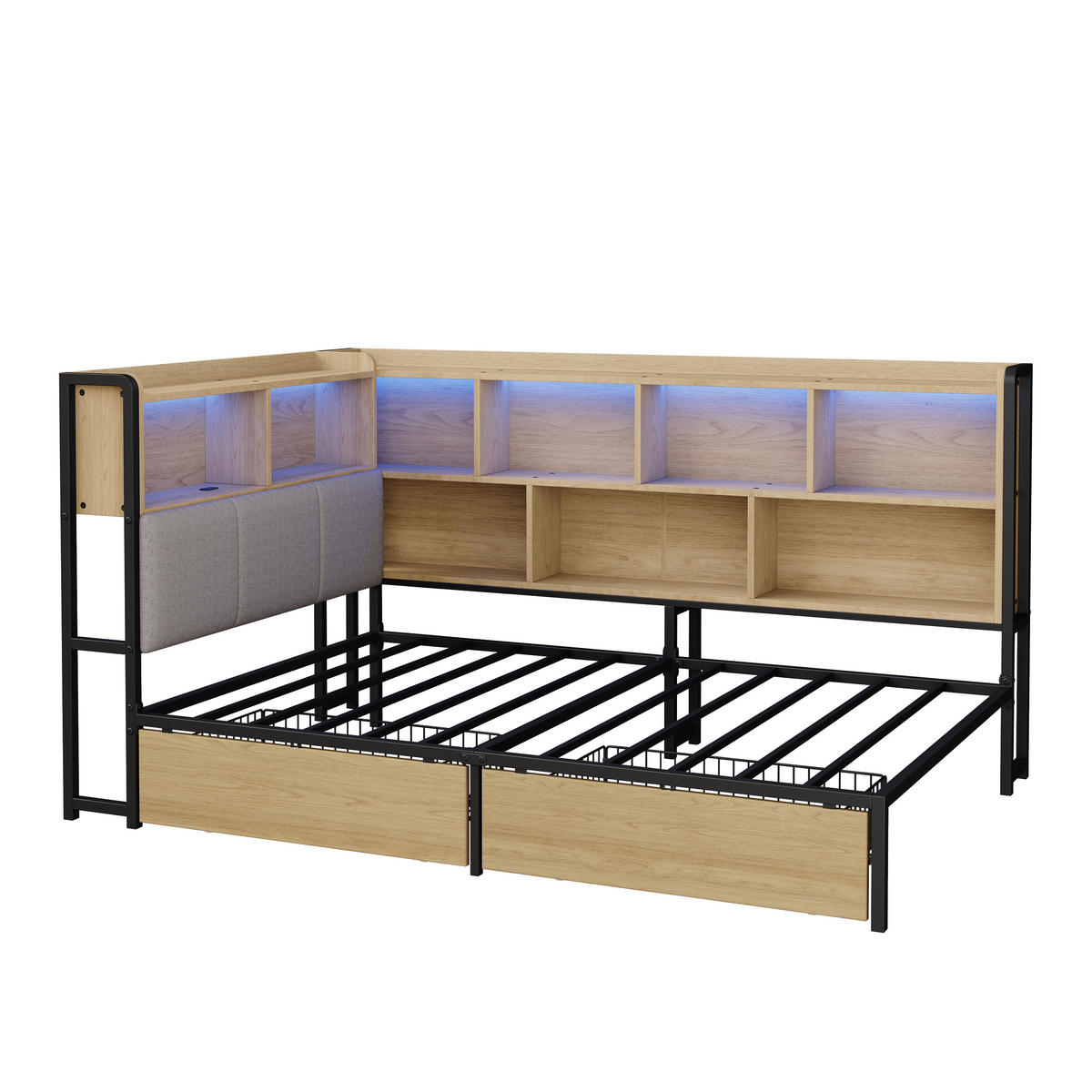POLSTERBETT 90/200 cm in Natürlich mit 2 Schubladen, LED-Beleuchtung und USB-/Type-C-Ladeanschlüssen - Naturfarben, Metall (90/200cm) - Oxeza