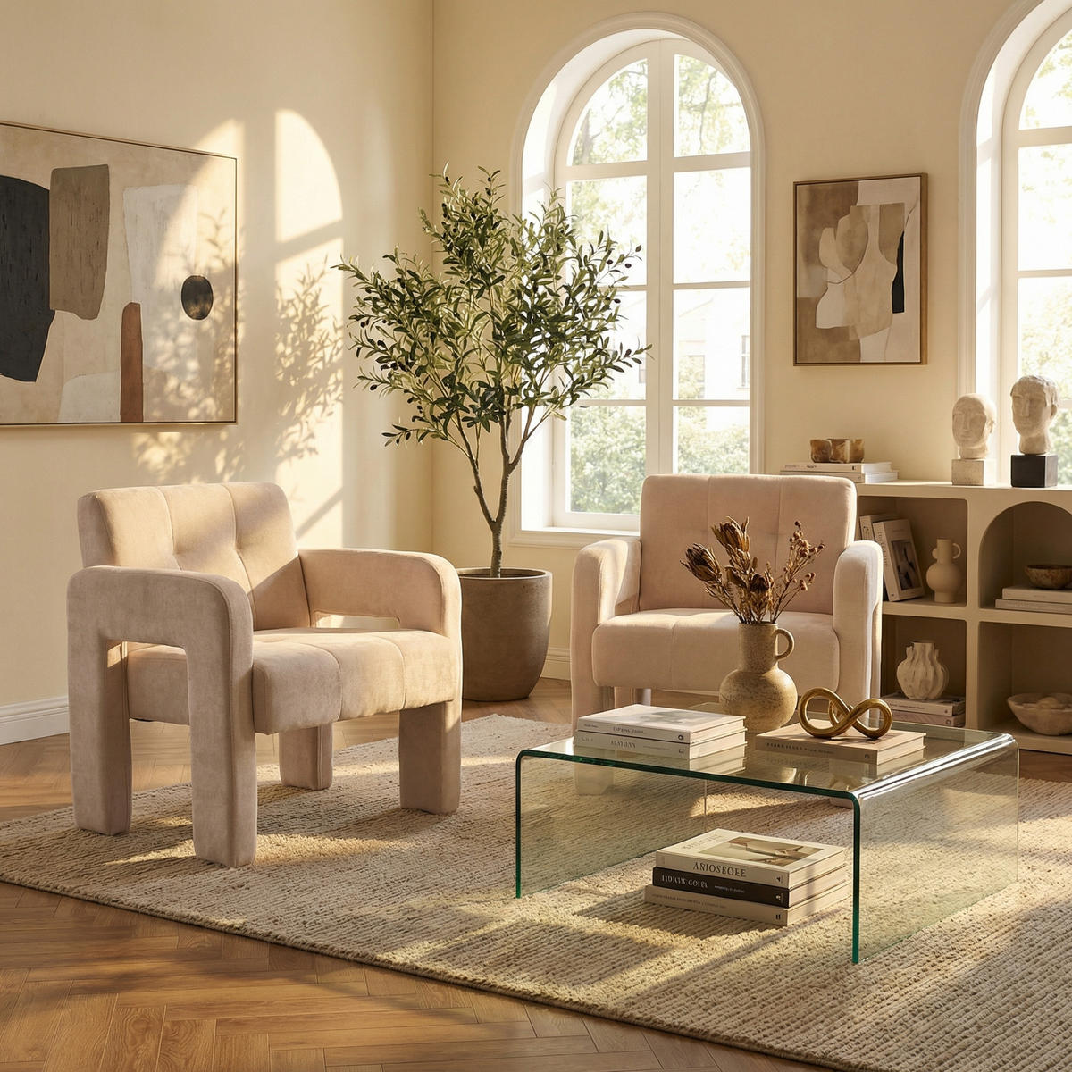 SESSEL Nordic Style aus Chenille mit ergonomischen Armlehnen - Beige, Textil (67/74/69cm) - Urban Meuble