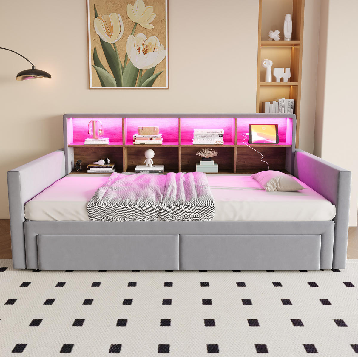 ČALÚNENÁ posteľ 90/190 cm rozkladacia na 180 cm s LED, úložným čelom a zásuvkami, svetlosivý zamat - svetlosivá, textil (90/190cm) - Redom