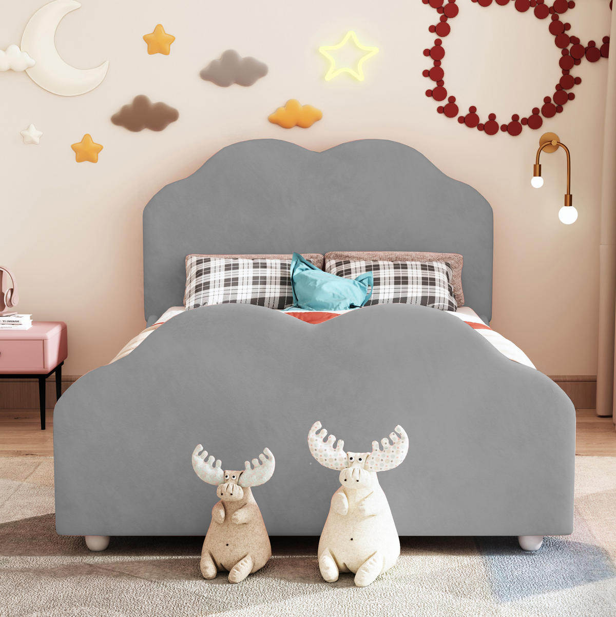 KINDERBETT 90/200 cm mit Samtbezug und Rausfallschutz in Grau - Grau, Textil (90/200cm) - BEAOK