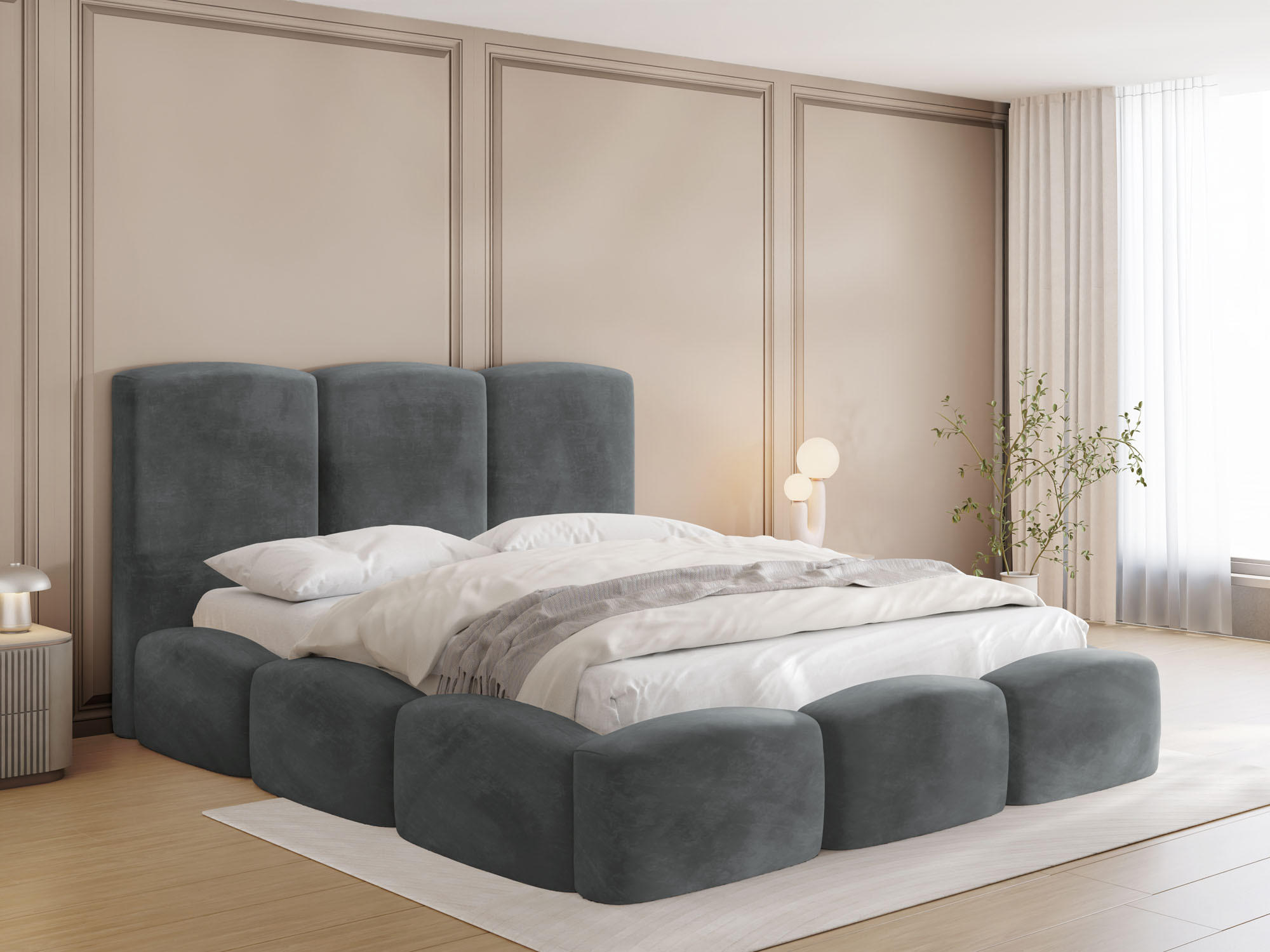 POLSTERBETT Harmony mit Bettkasten, Grau Samt 160x200 cm - Birkefarben/Schwarz, Holz/Holzwerkstoff (160/200cm) - WFL GROUP