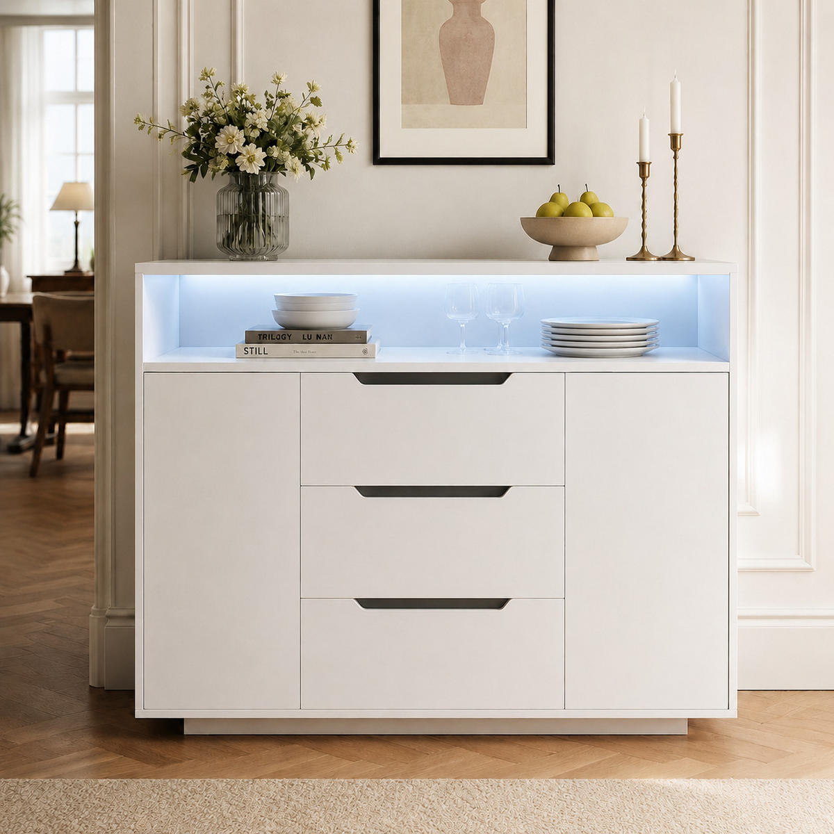 SIDEBOARD Offenes Regal Schubladen Türen Stauraum Metallführungen abgerundet - Weiß, Holzwerkstoff/Metall (120/85/40cm) - EVRYAE