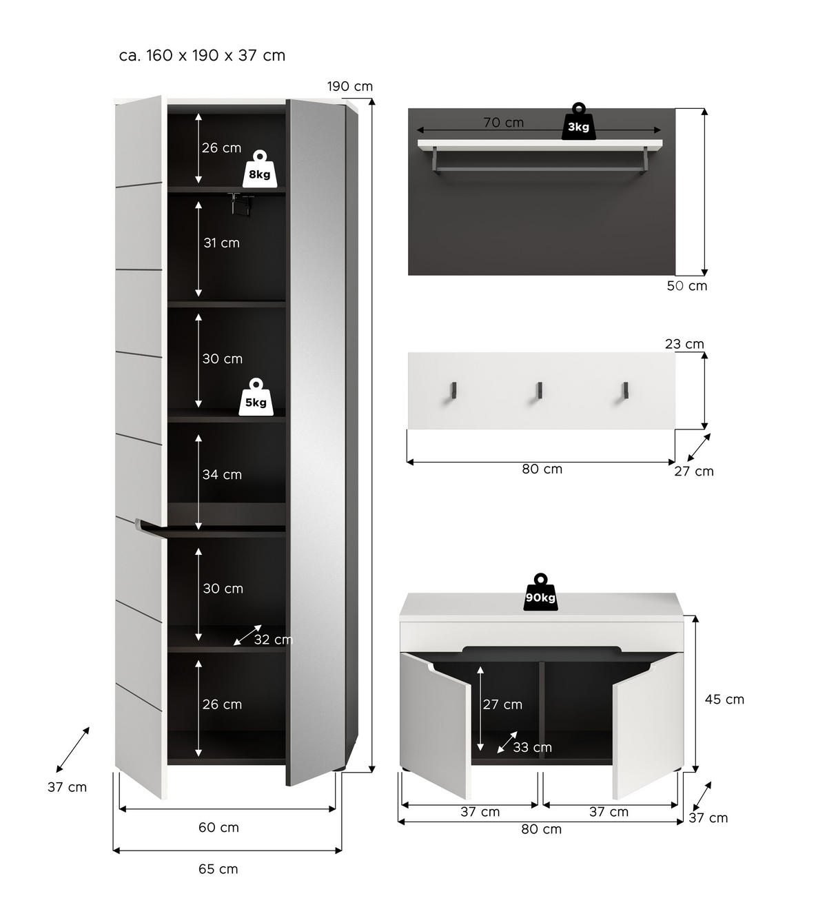 GARDEROBEN-SET CANU 3-tlg. (B/H/T: ca. 160/190/37 cm) in Basalt grau/weiß - Grau, Holzwerkstoff (160/190/37cm)