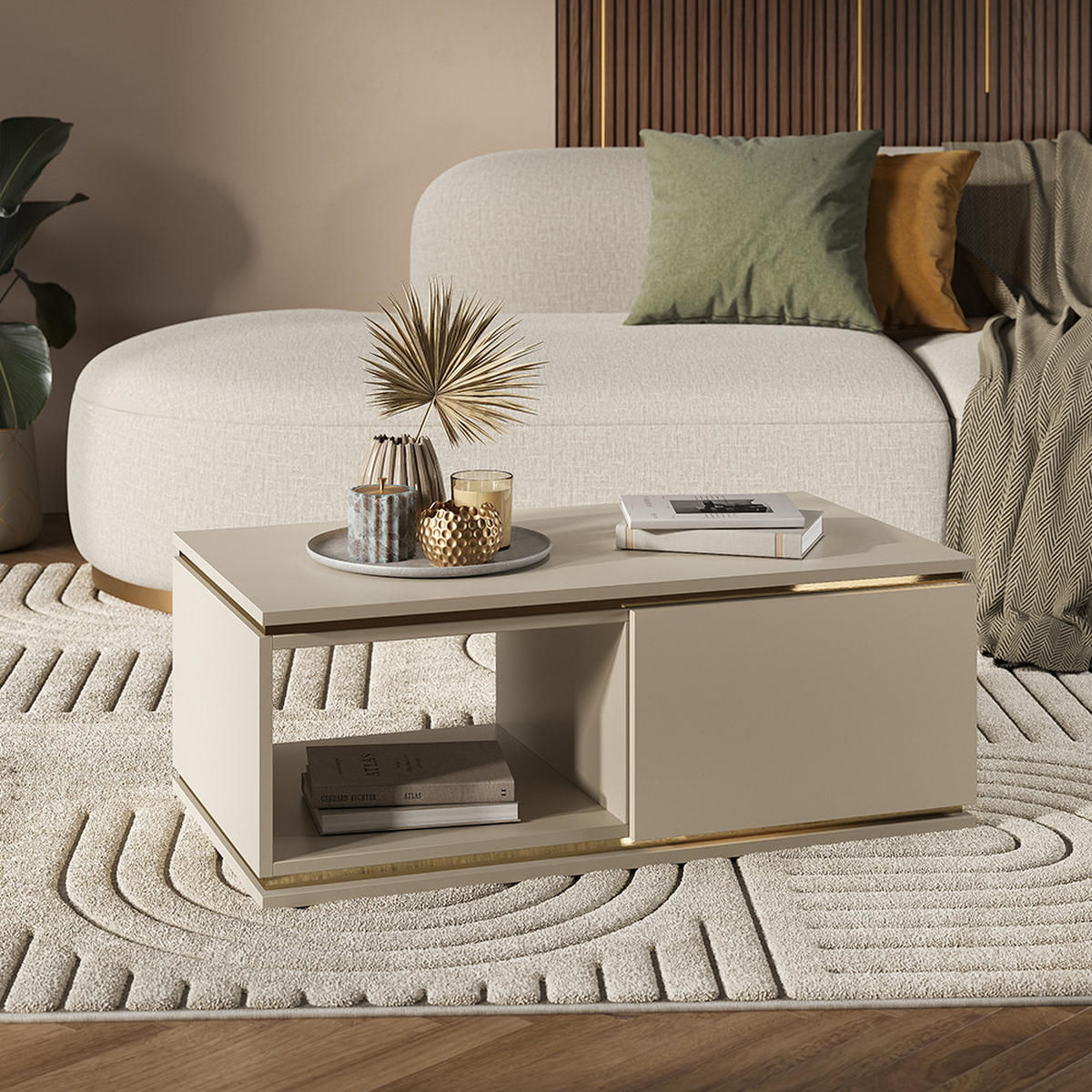 COUCHTISCH Linette Cashmere 90 x 50 cm mit Schublade - Kaschmir/Goldfarben, Holzwerkstoff (50/90/34cm) - Vicco