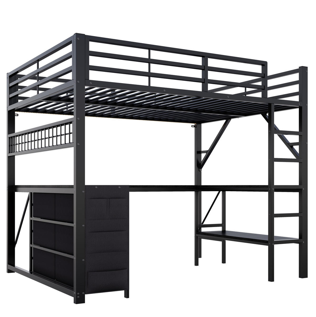 HOCHBETT 140x200 cm in Schwarz mit Schreibtisch, Schubladen und LED-Beleuchtung - Schwarz, Holzwerkstoff (140/200cm) - IVMEU