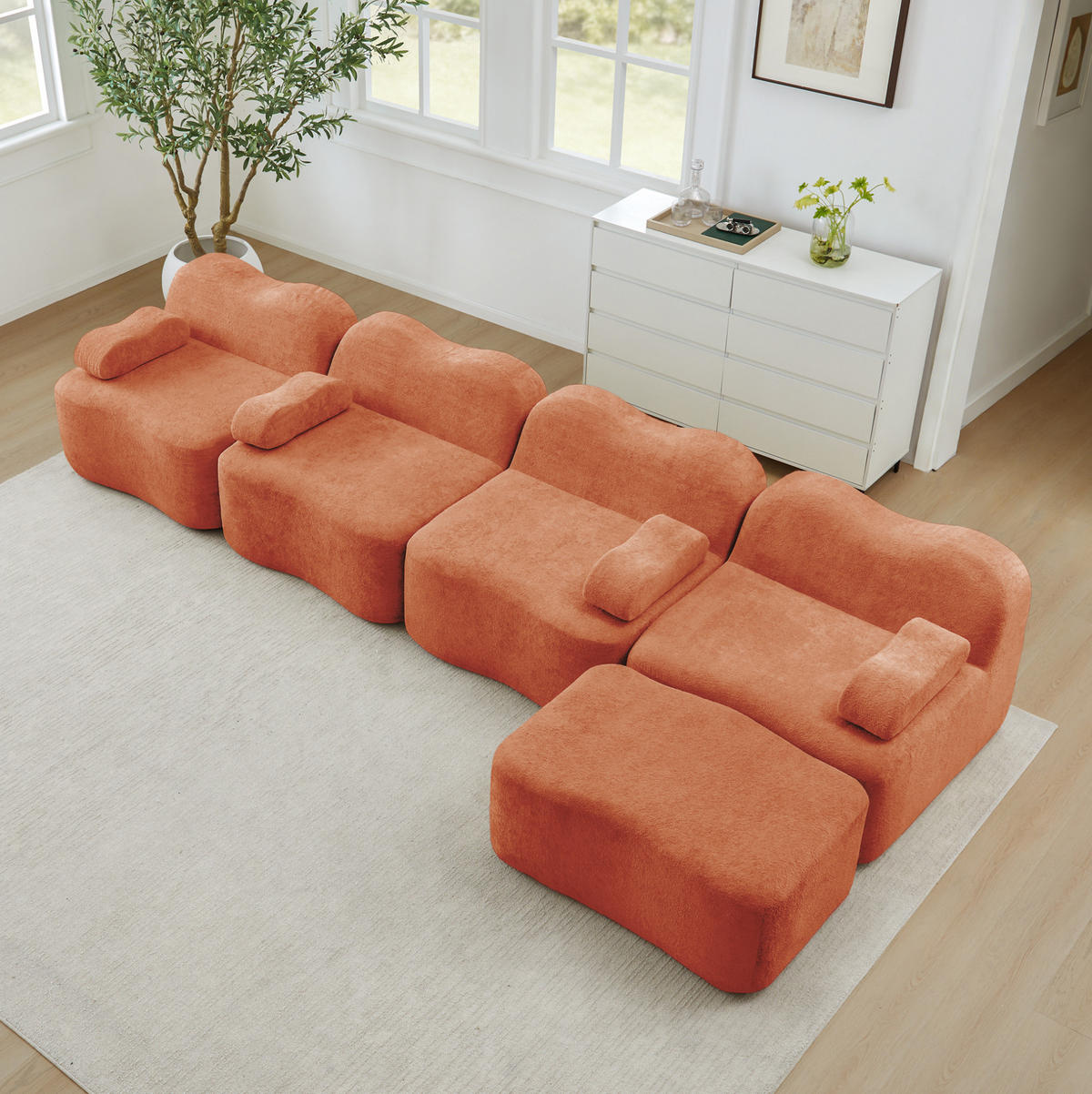 ECKSOFA 384/167/70 cm Orange aus Samt mit Wellenform und modularem Hocker - Orange, Textil (167/384cm) - OKWISH