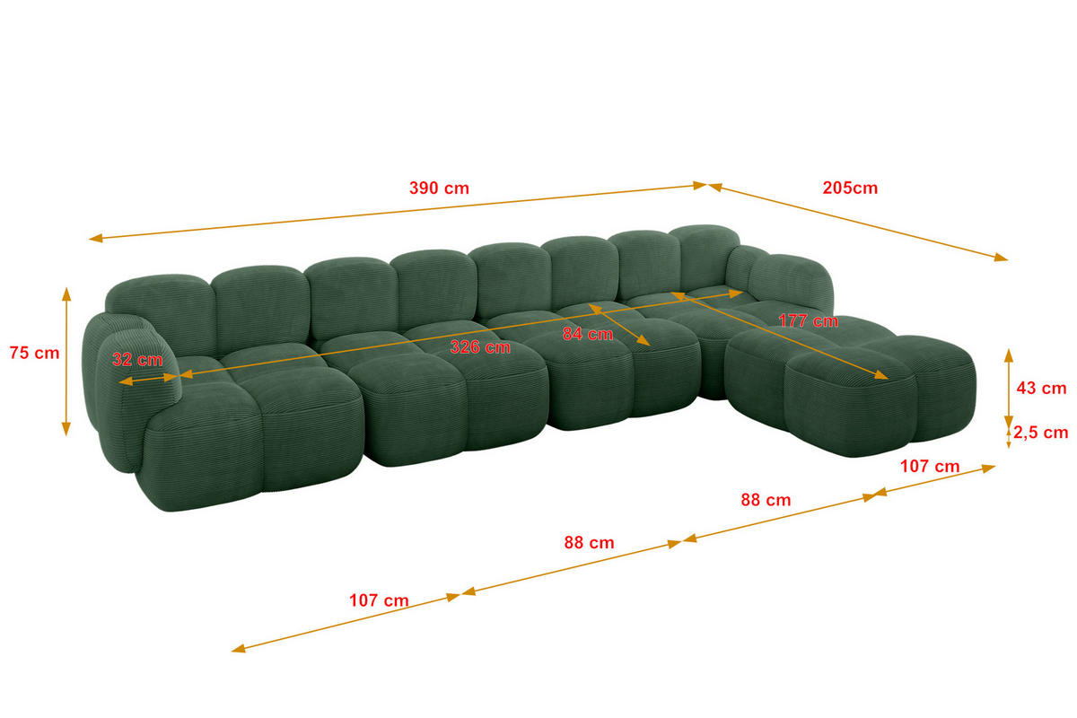 ECKSOFA modulares Sofa Rechts Miko-L3 390x205x75 Grün Cord - Waldgrün/Schwarz, Holzwerkstoff/Kunststoff (390/205cm) - ALTDECOR