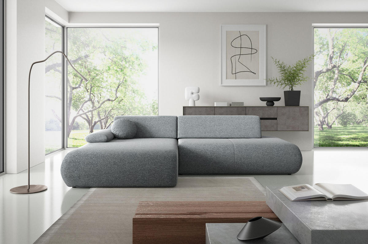 ECKSOFA DELTA L-S Grau Geflochtener Stoff mit Schlaffunktion - Grau, Holz (286/173.5cm) - MASSENO