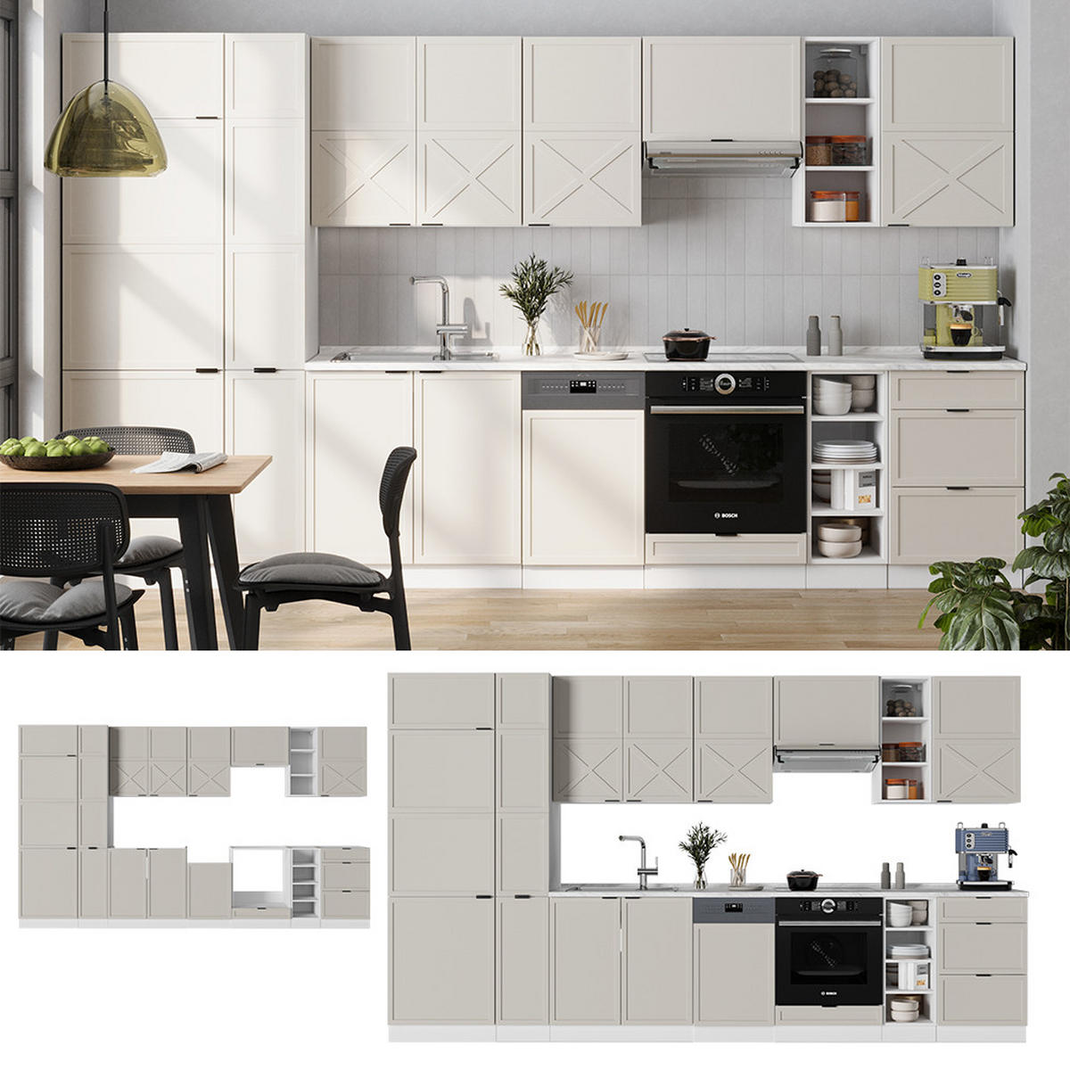KÜCHENZEILE Fame-Line GrauBeige/Weiß 355 cm ohne AP - Weiß/Grau, Holzwerkstoff (355/81.6/46cm) - Vicco