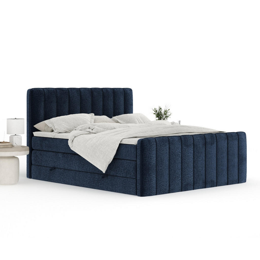 Thumbnail - Maison de Reve Boxspringbett, Dunkelblau, Textil, Buche, Kiefer, H3 + H4, 7-Zonen, Höhe ca. 40 cm, 200x200 cm, Handmade ...