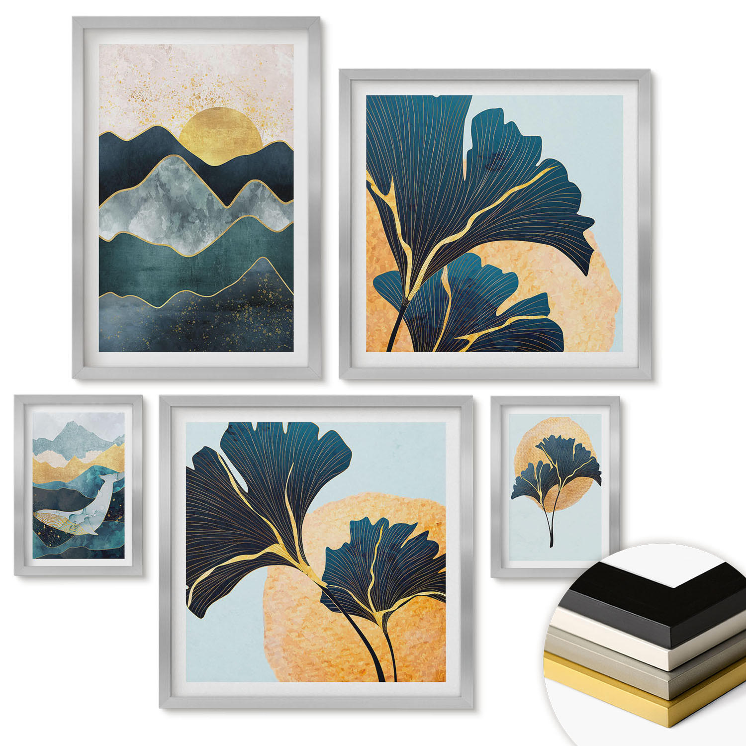 WANDBILDER 5er Set - 50x50 cm & 20x30 cm & 40x60 cm Silberner Rahmen - Fruchtige Muster italienischer Wein - Silberfarben, Kunststoff (40/60cm) - ArtPrintCave