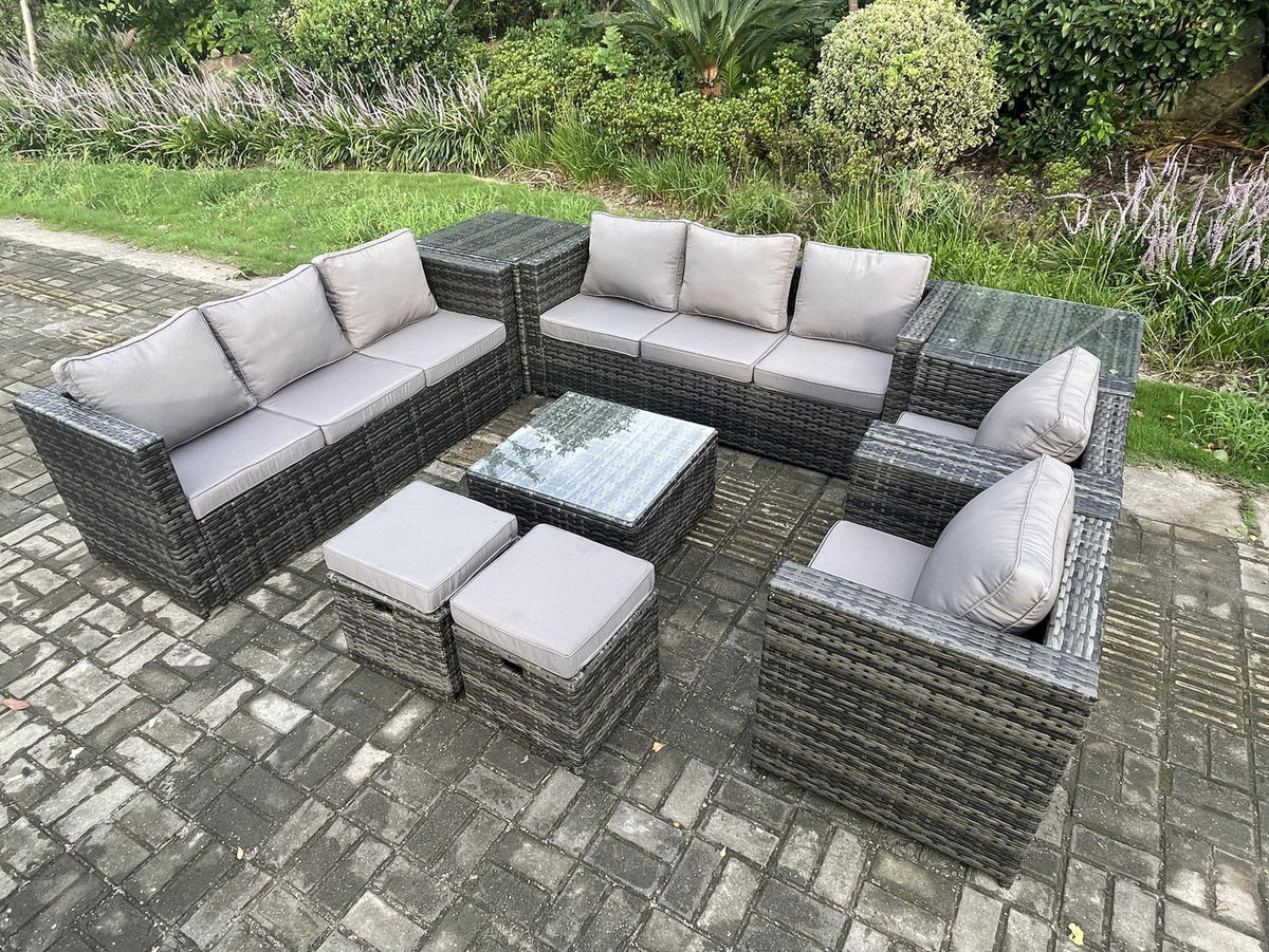 GARTENTISCHGRUPPE Polyrattan 10-Sitzer - Dunkelgrau, Metall - Fimous